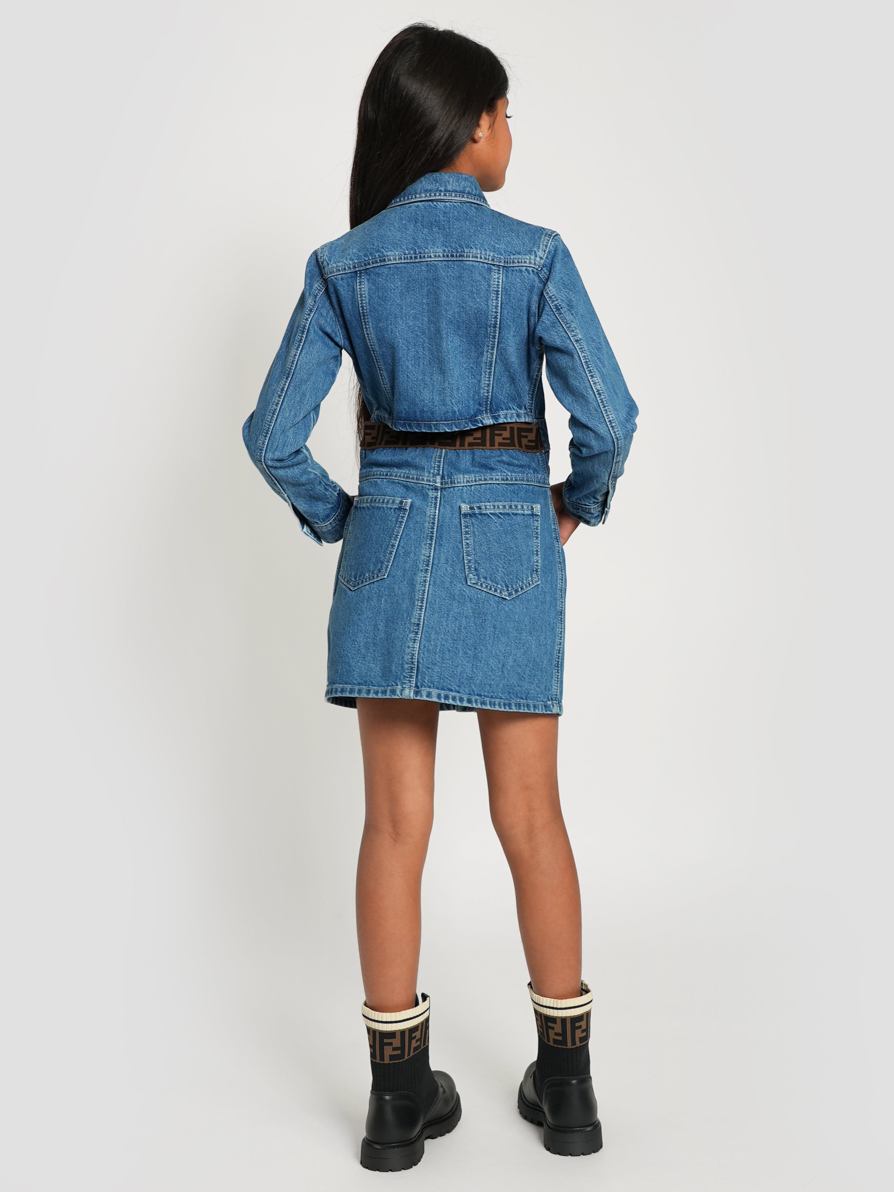 Fendi Girls Denim FF Logo Shirt Dress in Blue