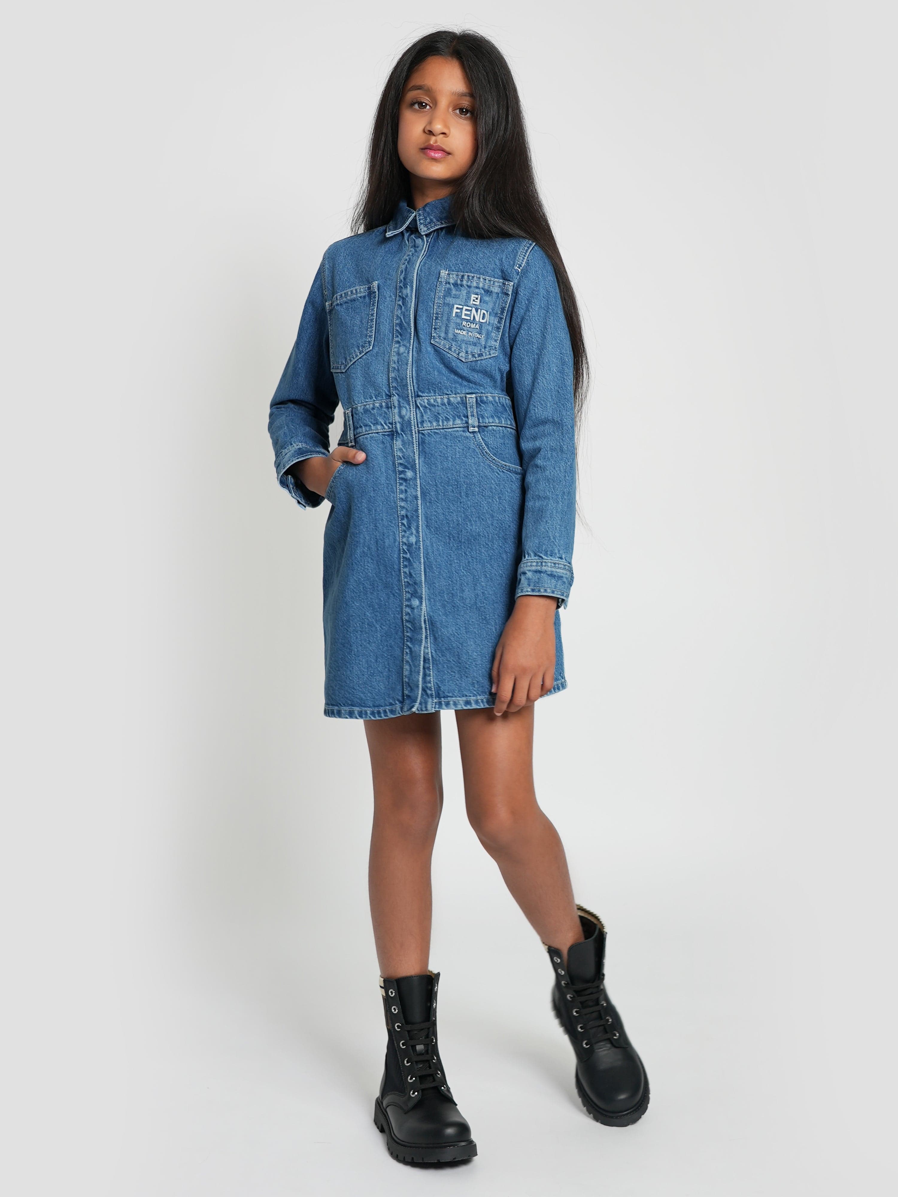 Fendi Girls Denim FF Logo Shirt Dress in Blue