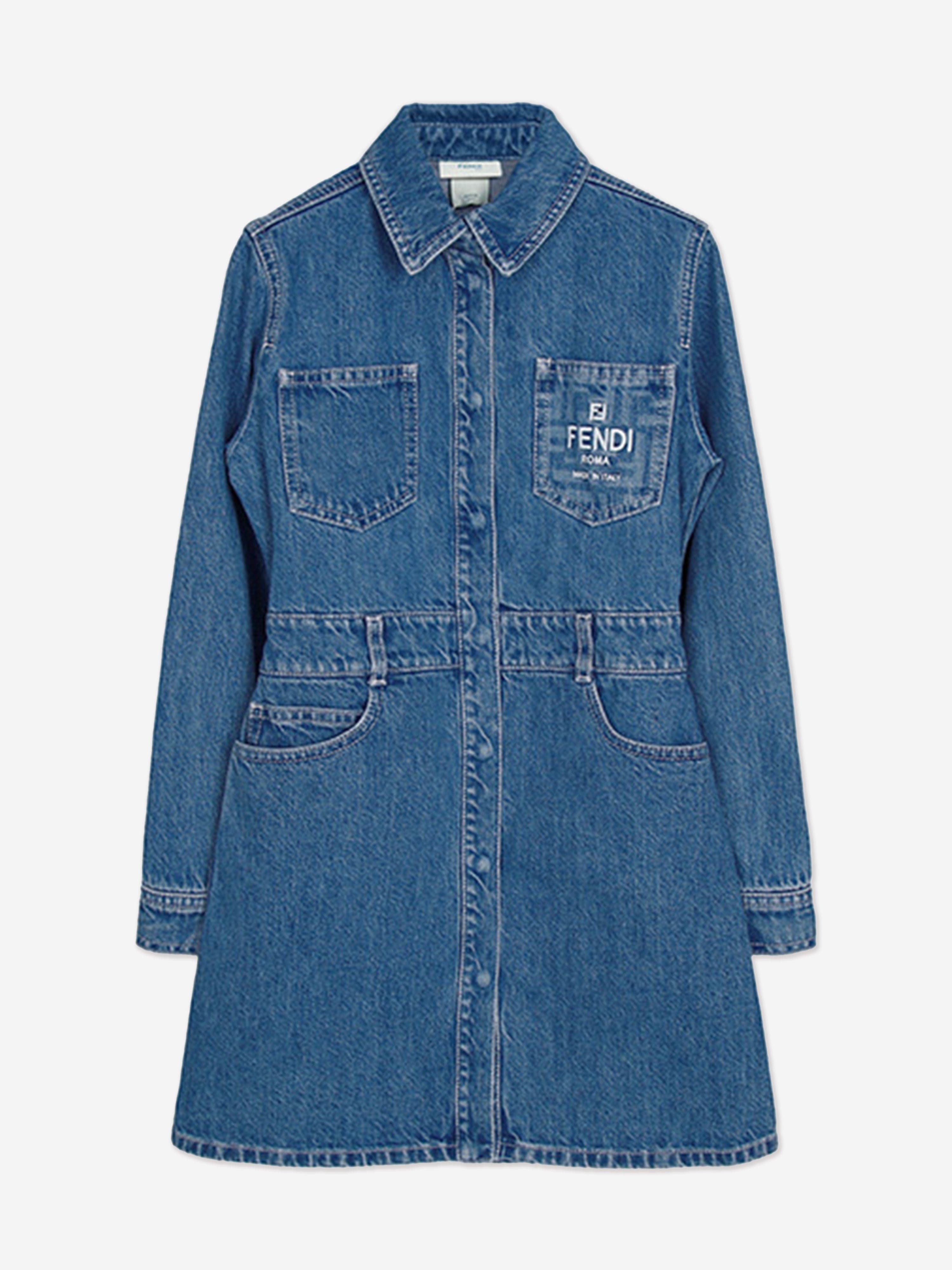 Fendi Girls Denim FF Logo Shirt Dress in Blue