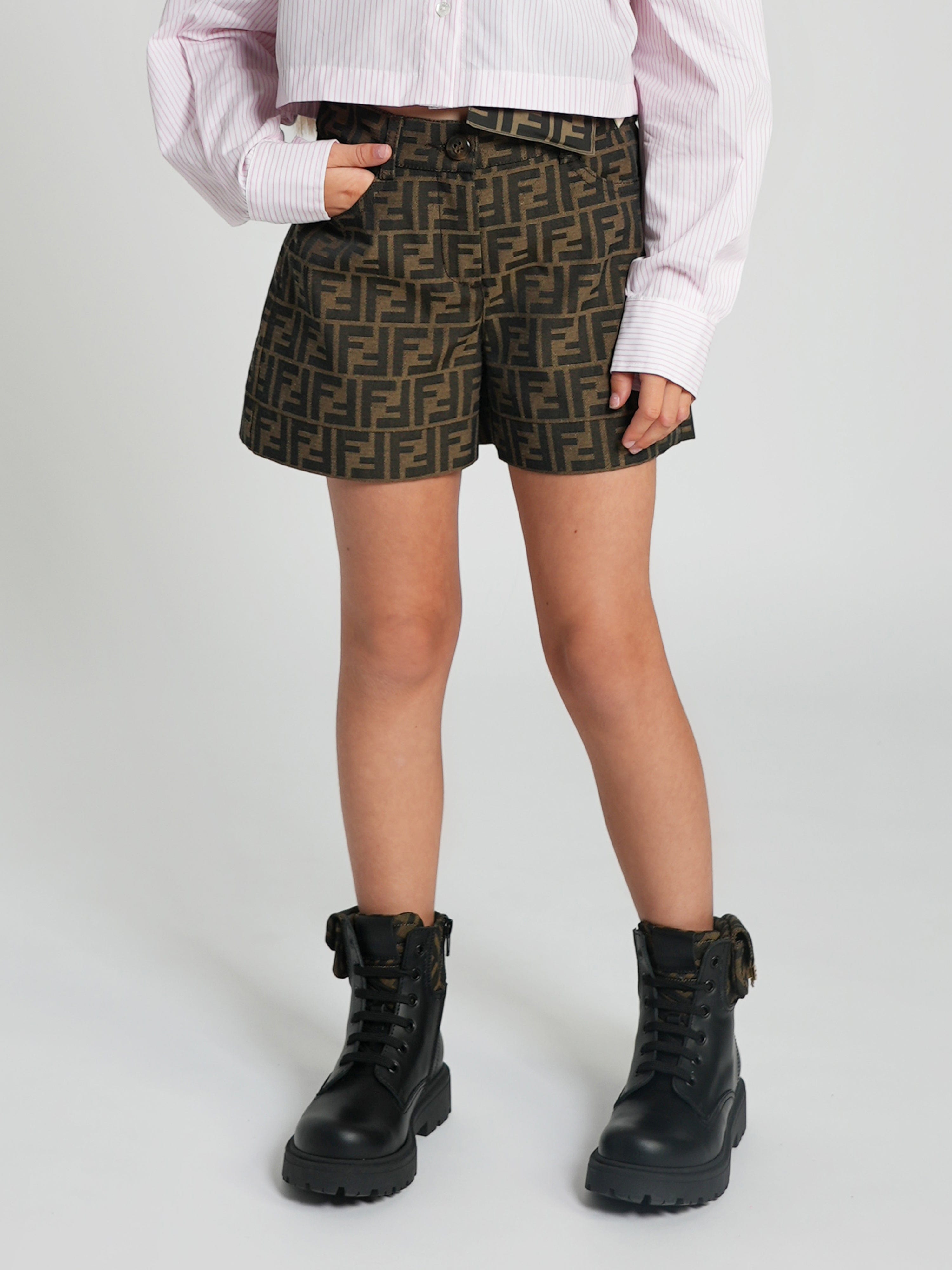 Fendi Girls FF Logo Shorts in Brown