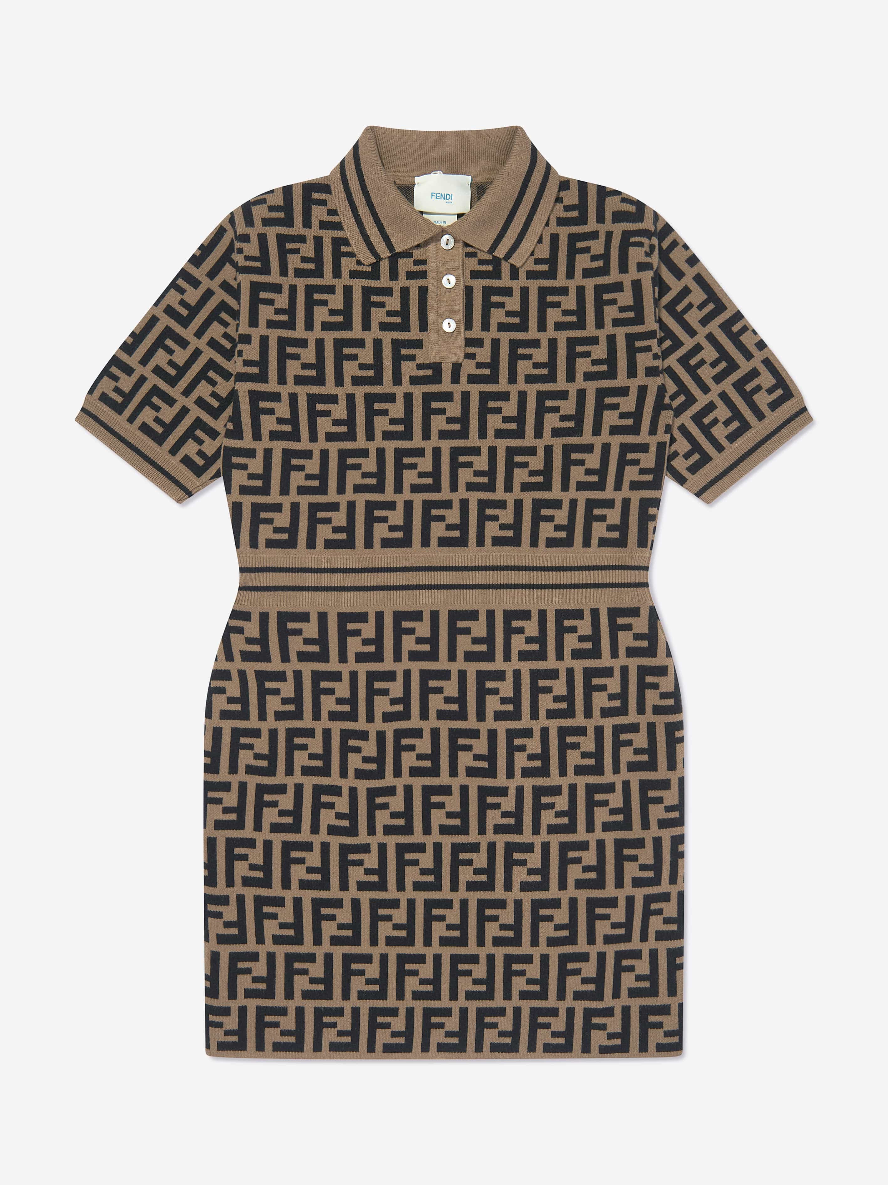 Fendi Girls FF Logo Knitted Dress in Brown