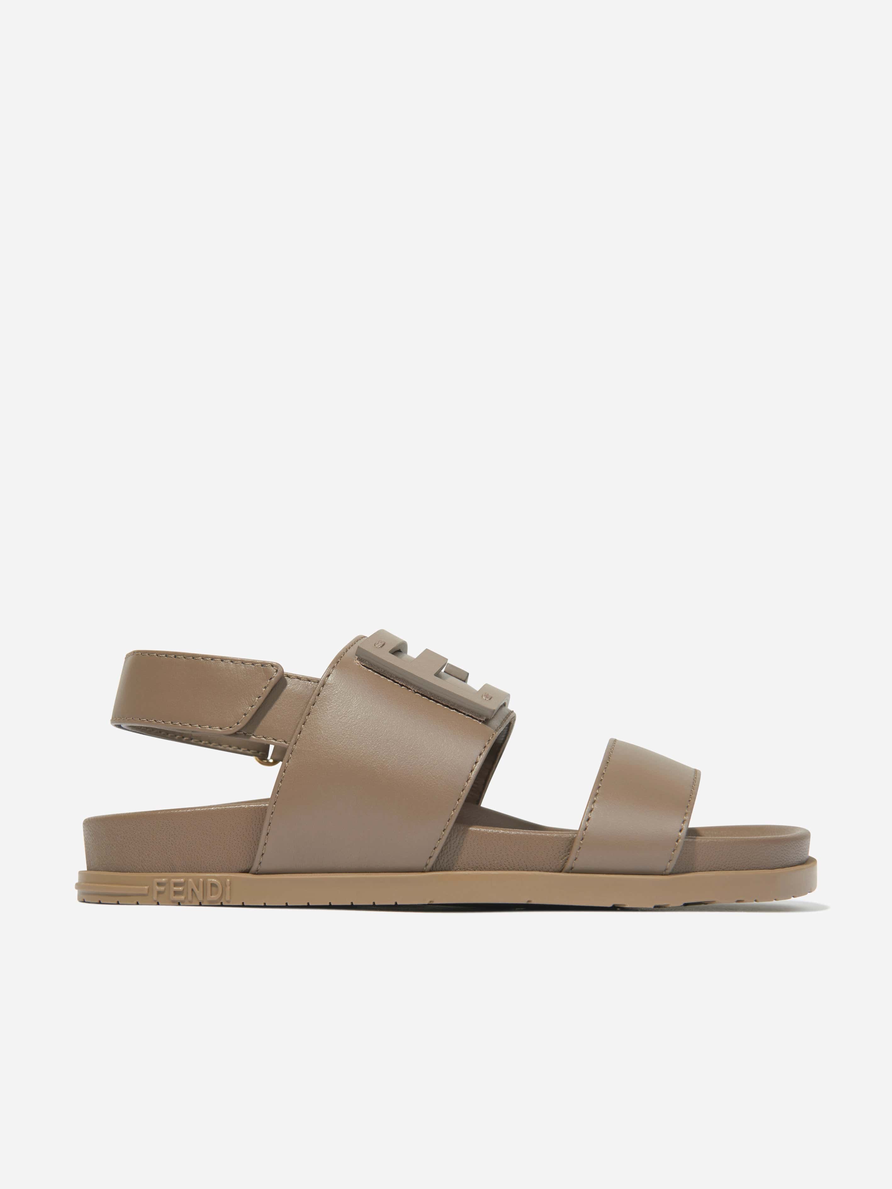 Fendi Kids Leather FF Logo Sandals in Beige