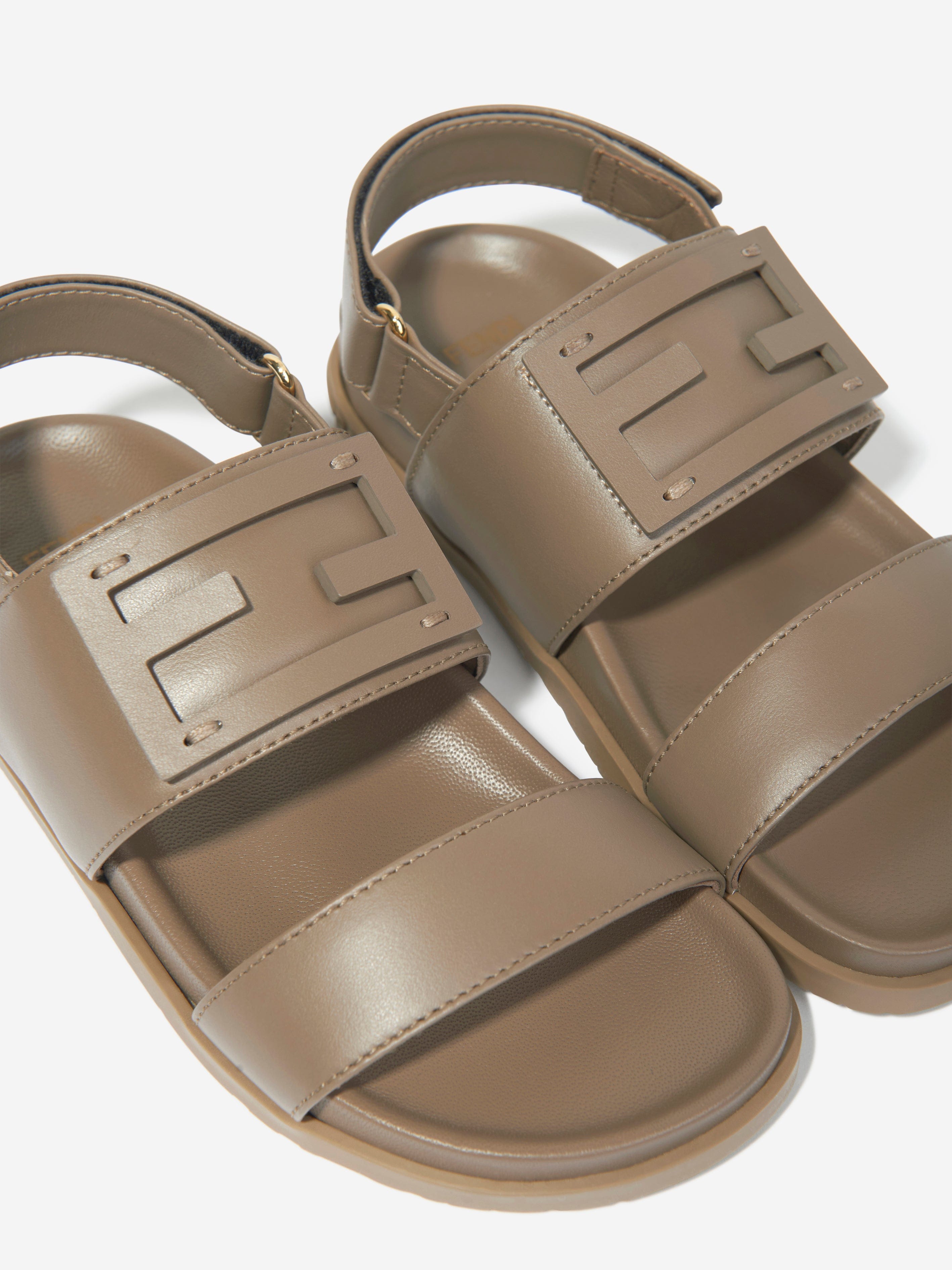 Fendi Kids Leather FF Logo Sandals in Beige