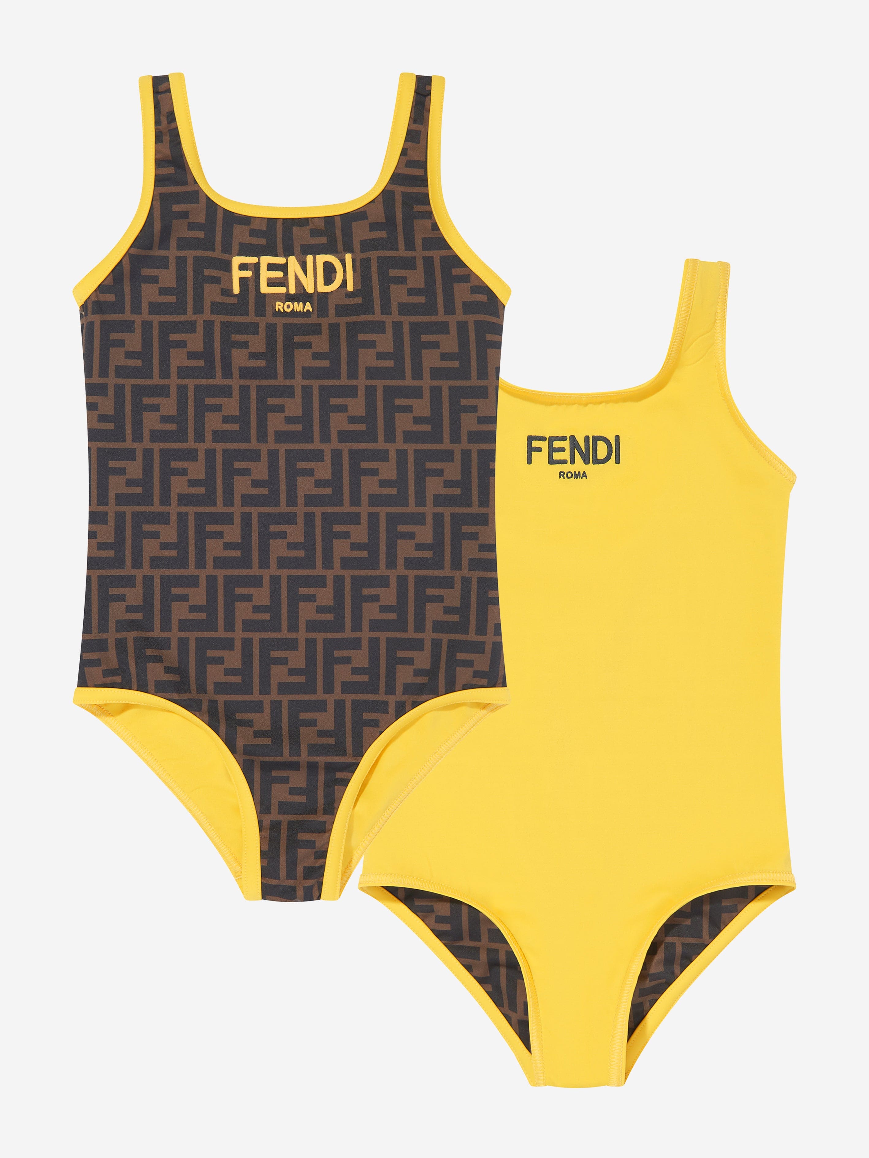 Fendi Girls FF Logo Reversible Swimsuit in Brown