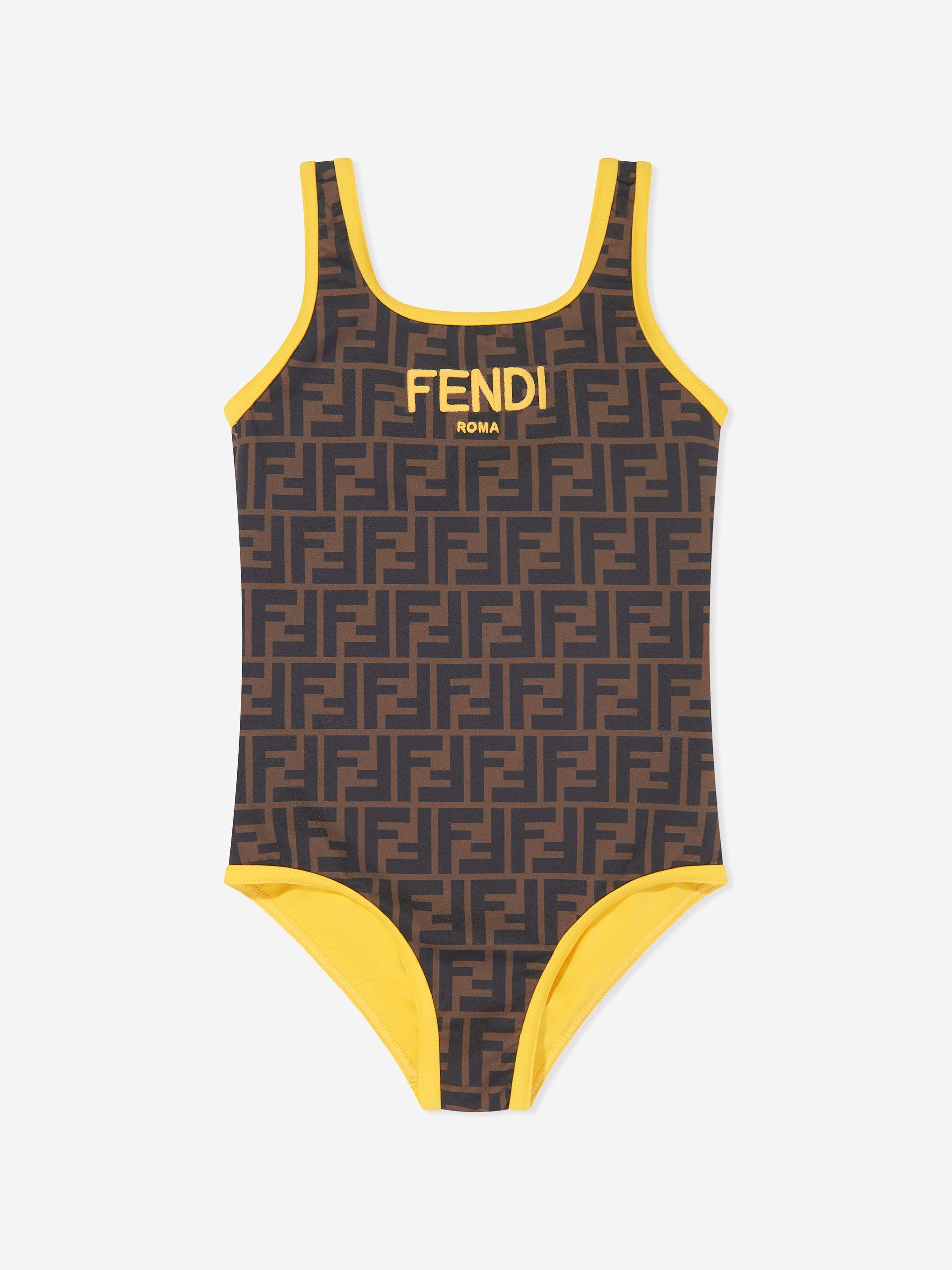 Fendi Girls FF Logo Reversible Swimsuit in Brown