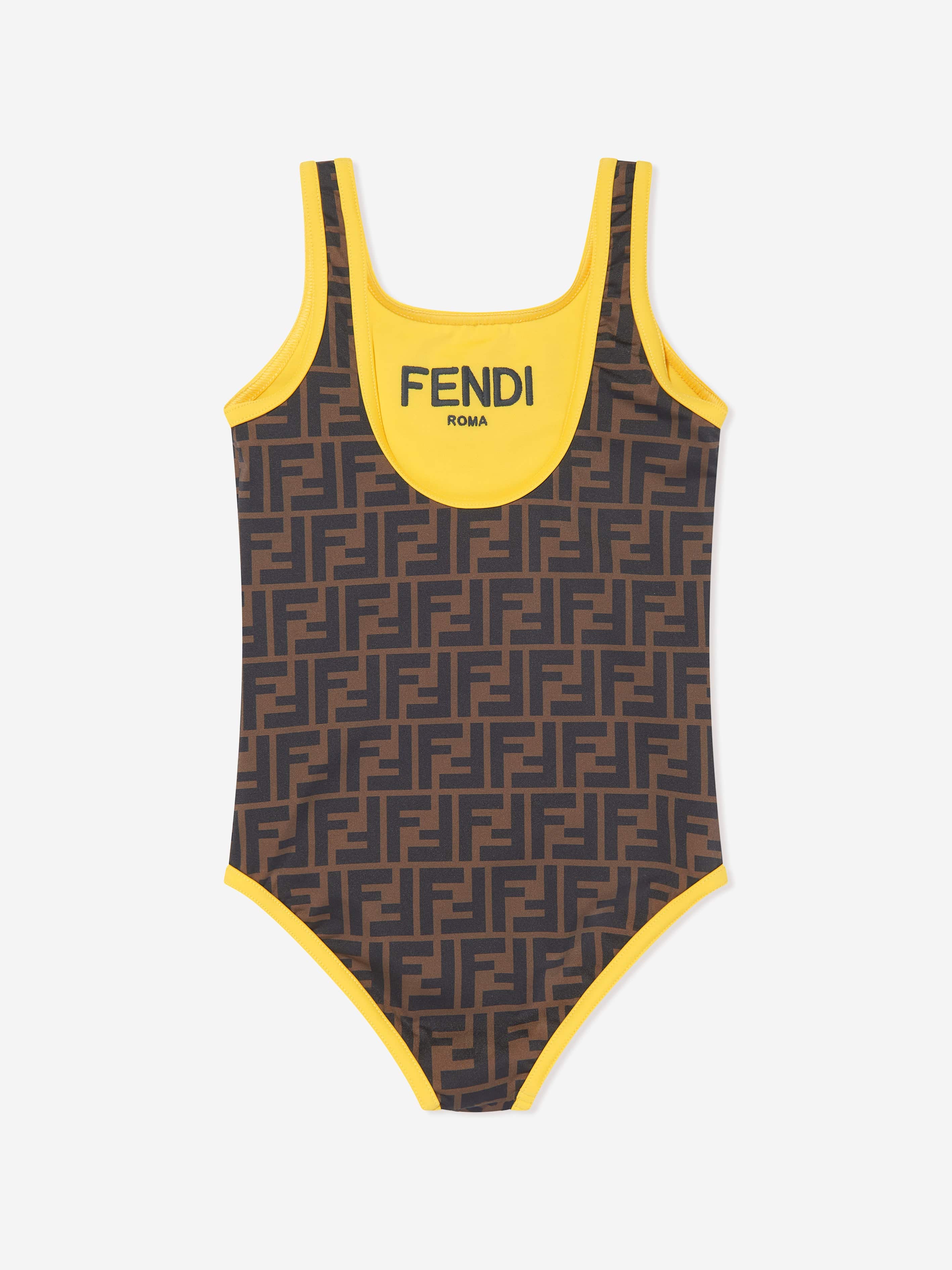 Fendi Girls FF Logo Reversible Swimsuit in Brown