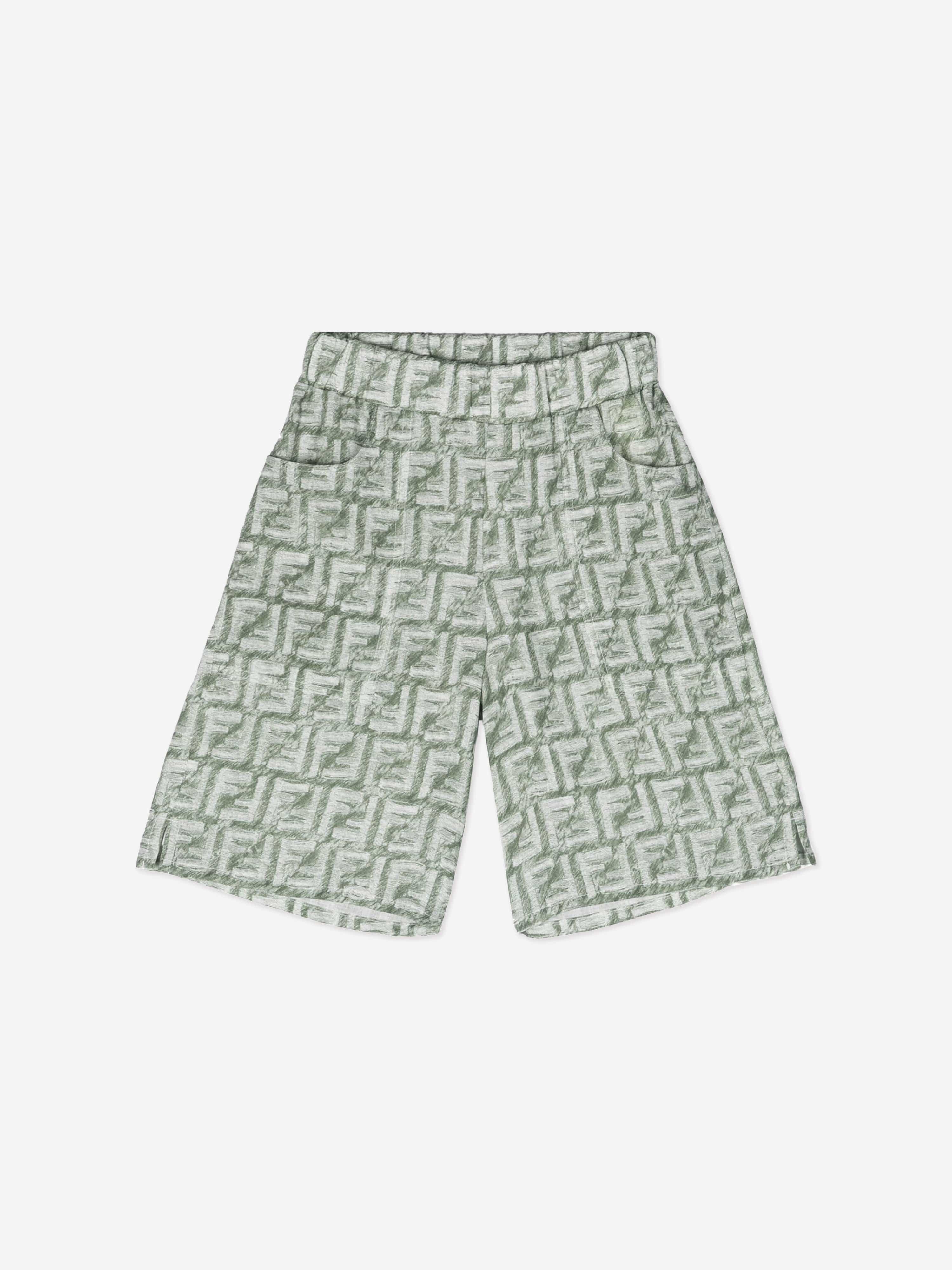 Fendi Boys Linen Logo Bermuda Shorts in Green