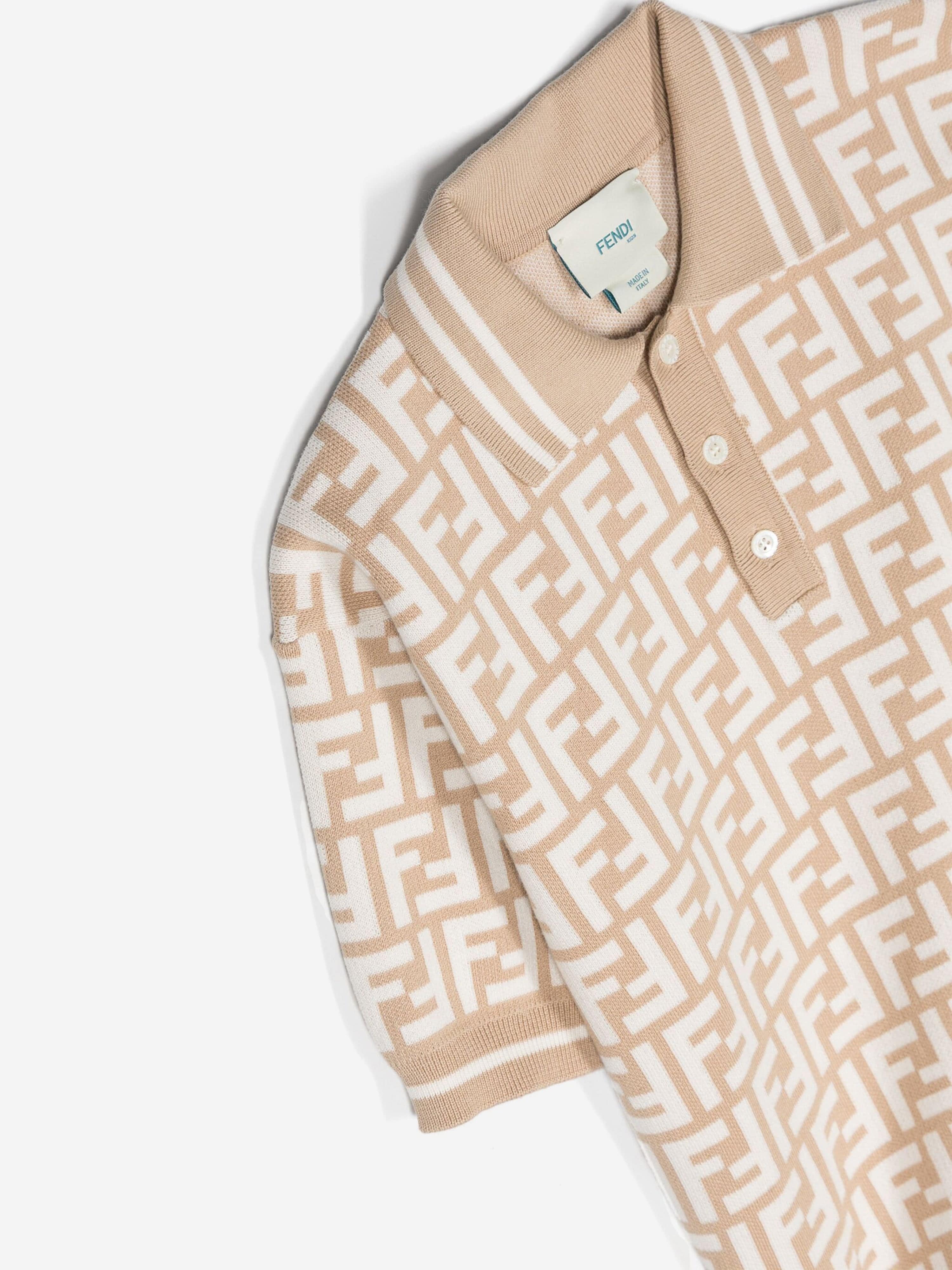 Fendi Boys FF Knit Polo Shirt in Beige