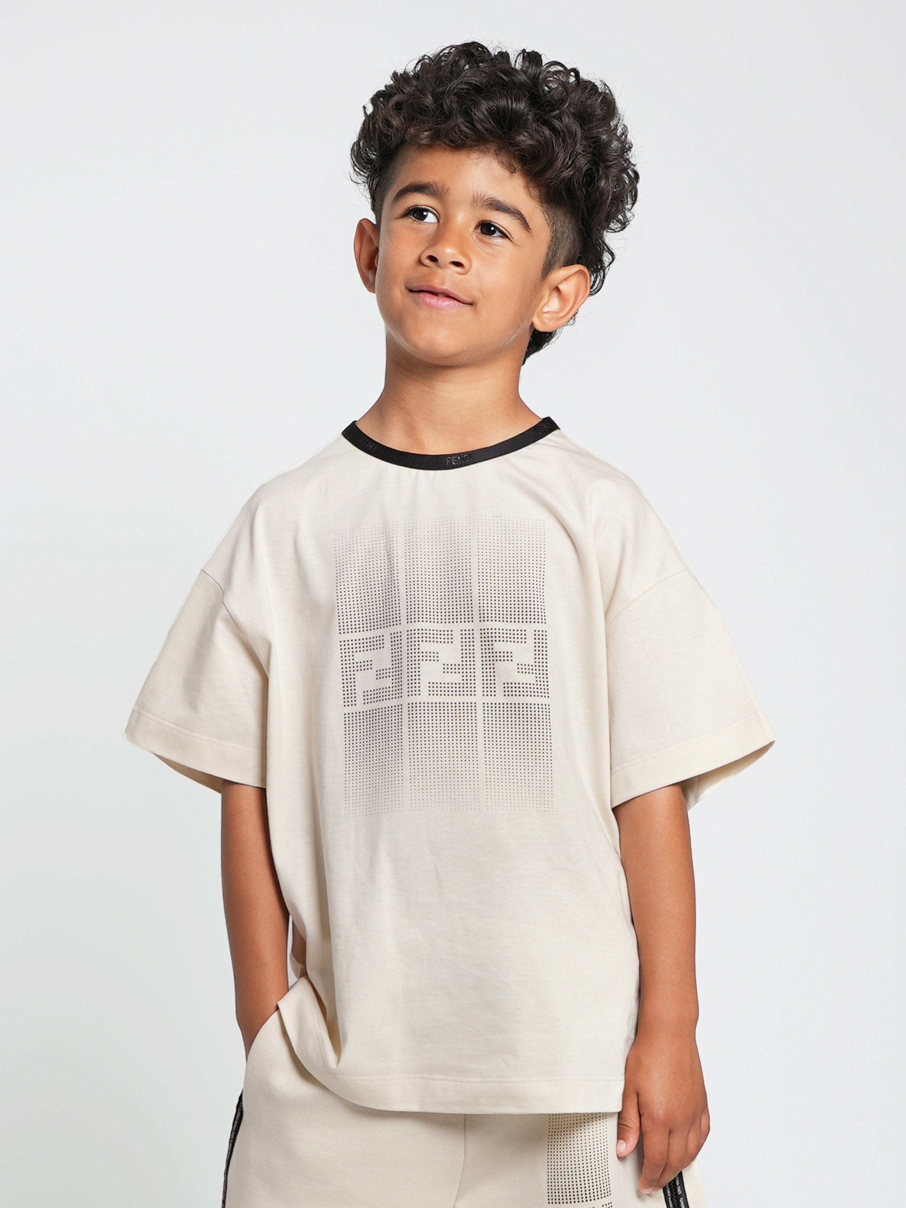 Fendi Boys Logo Print T-Shirt in Beige