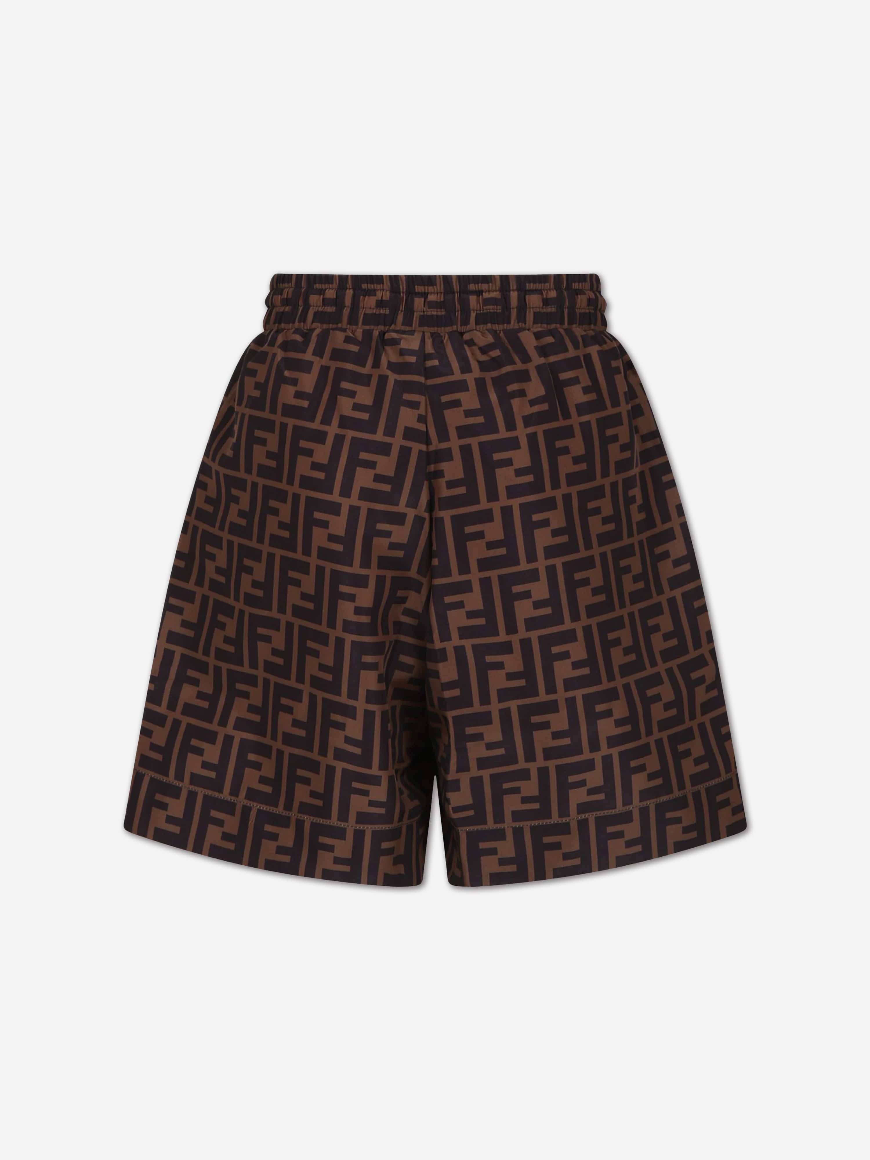 Fendi Boys FF Logo Swim Shorts in Brown