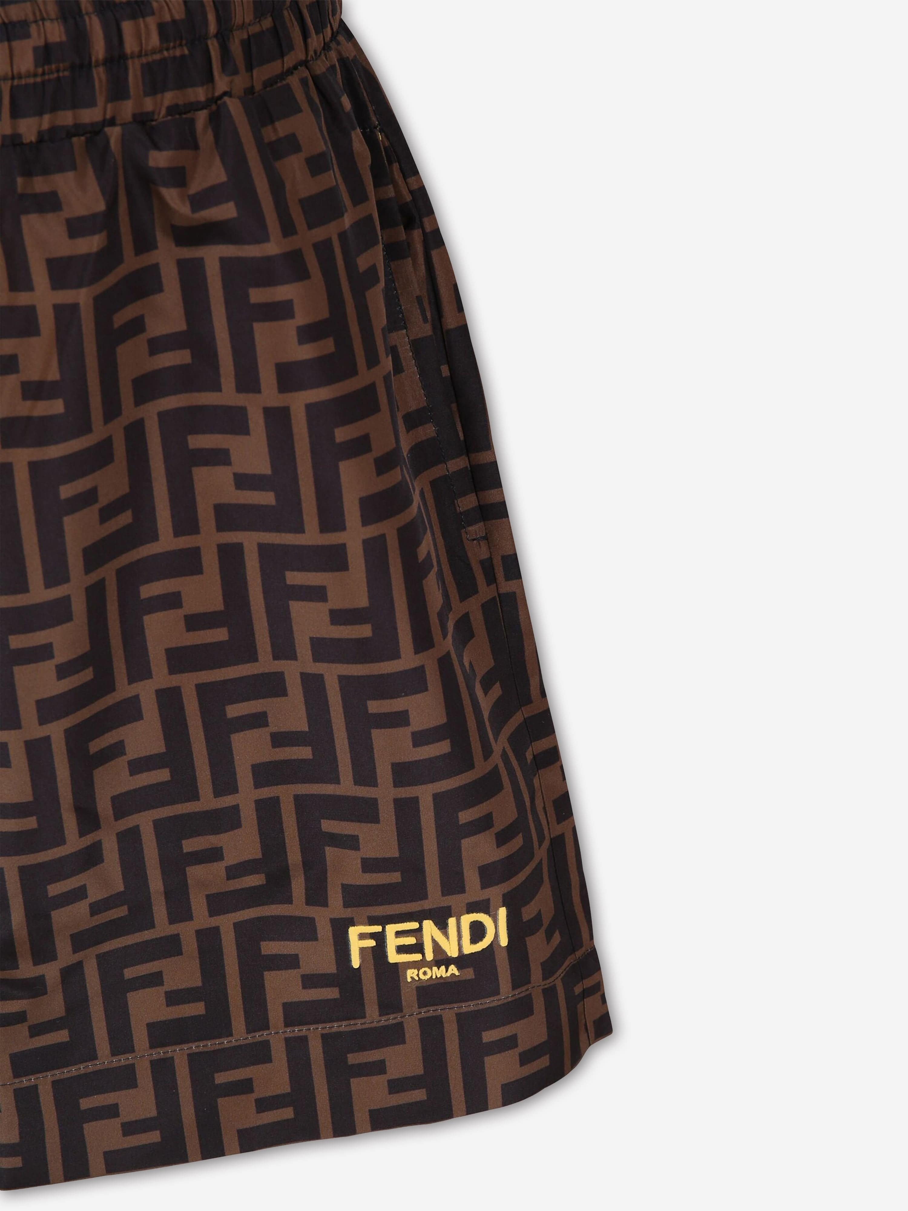 Fendi Boys FF Logo Swim Shorts in Brown