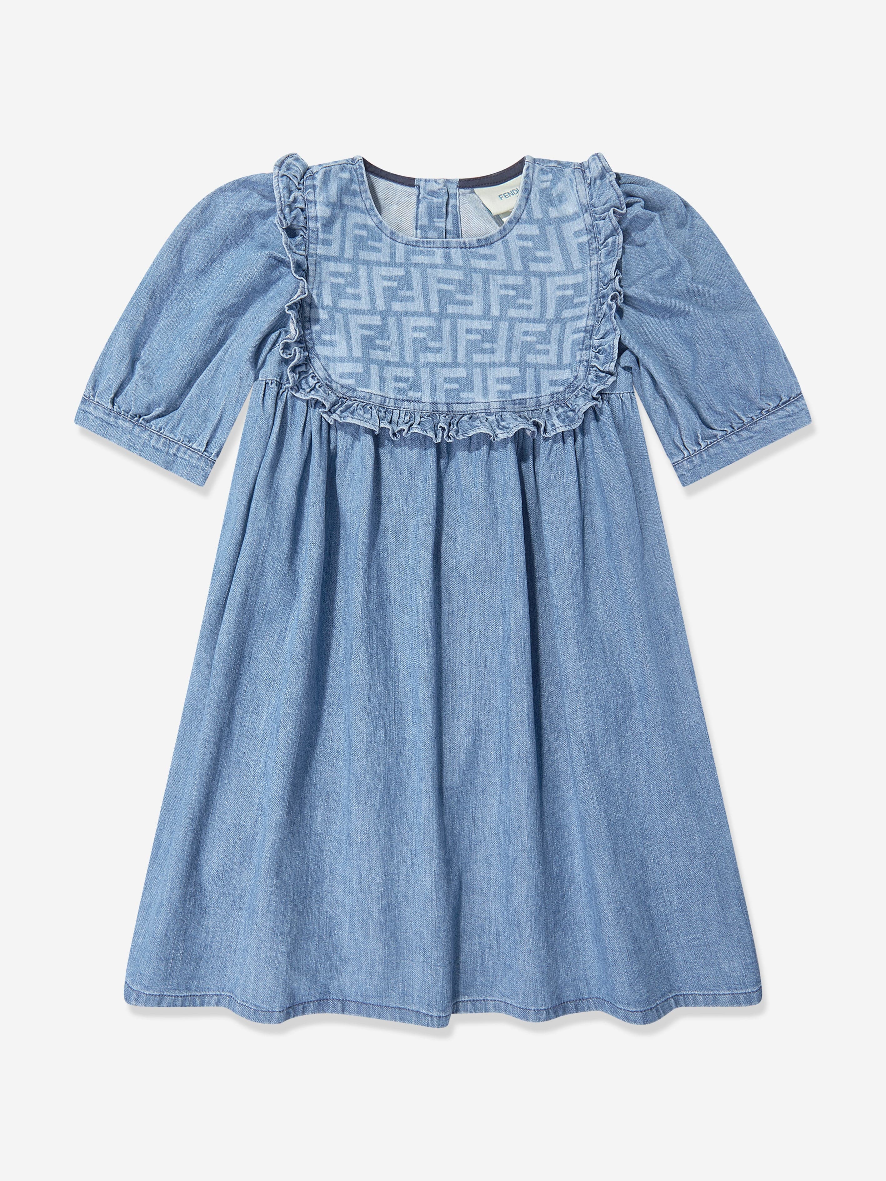 Fendi Girls FF Light Denim Dress in Blue