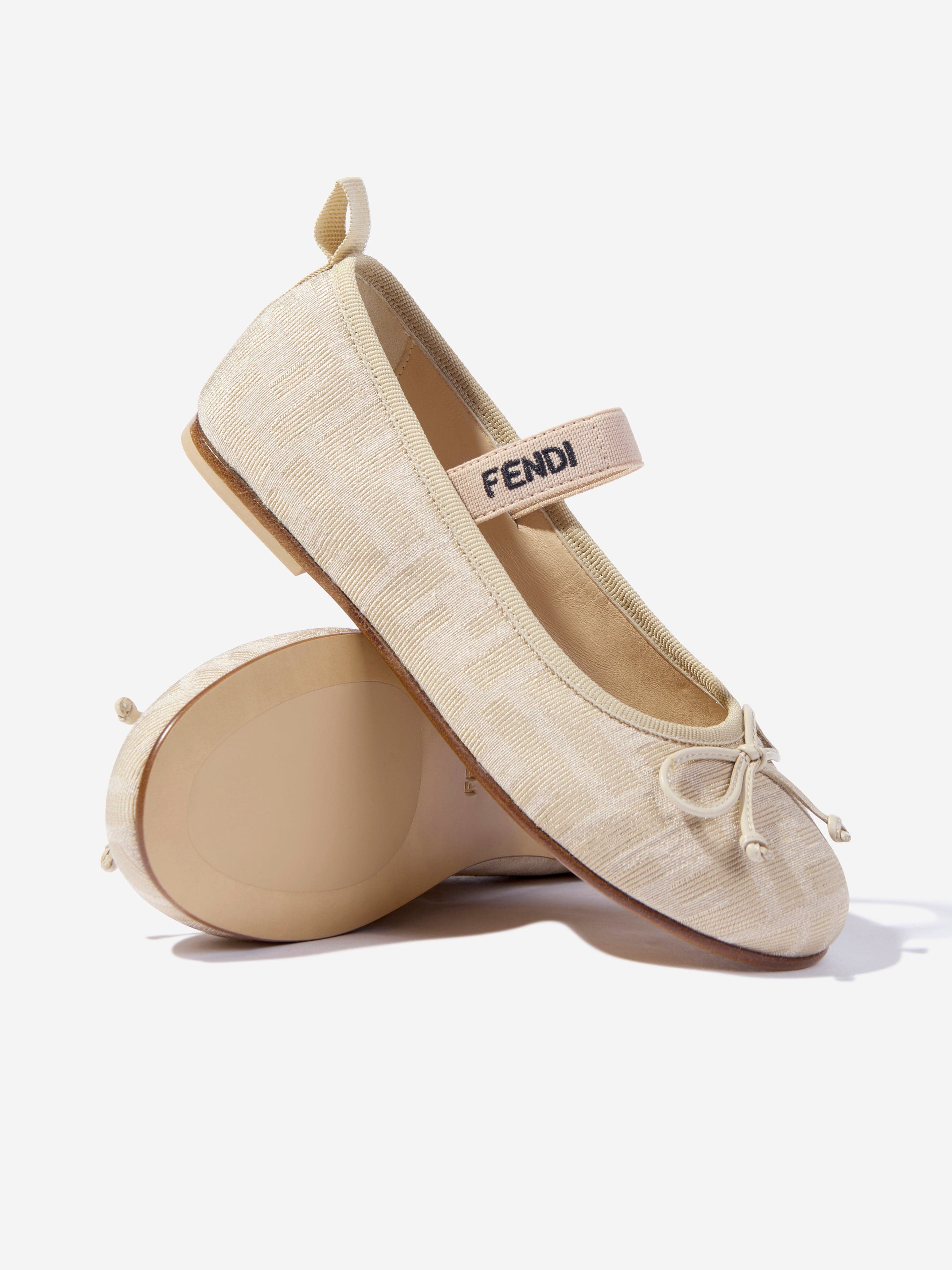 Fendi Girls FF Jacquard Logo Ballet Flats in Beige