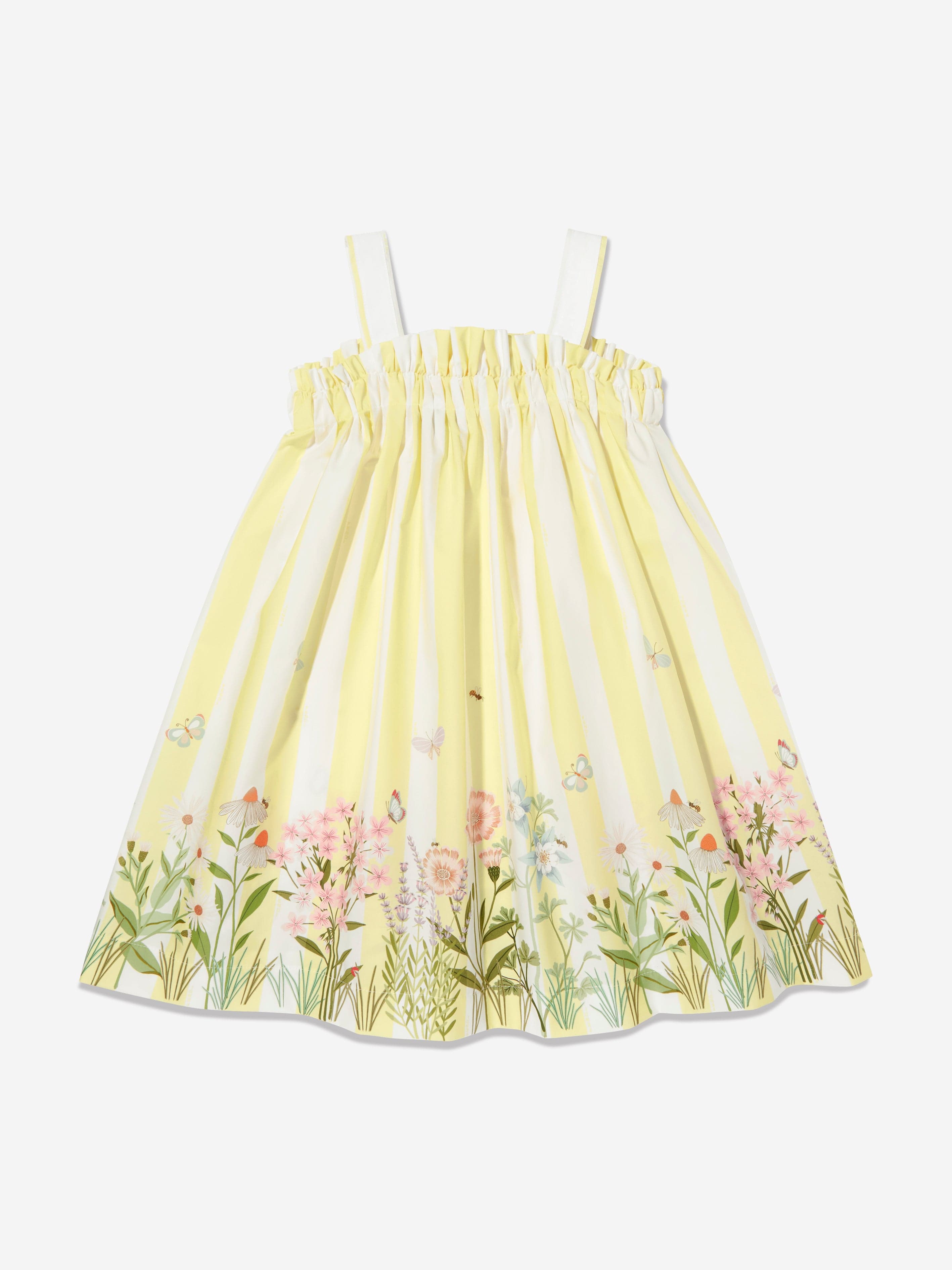 Fendi Girls Cotton Striped Flower Dress in Yellow