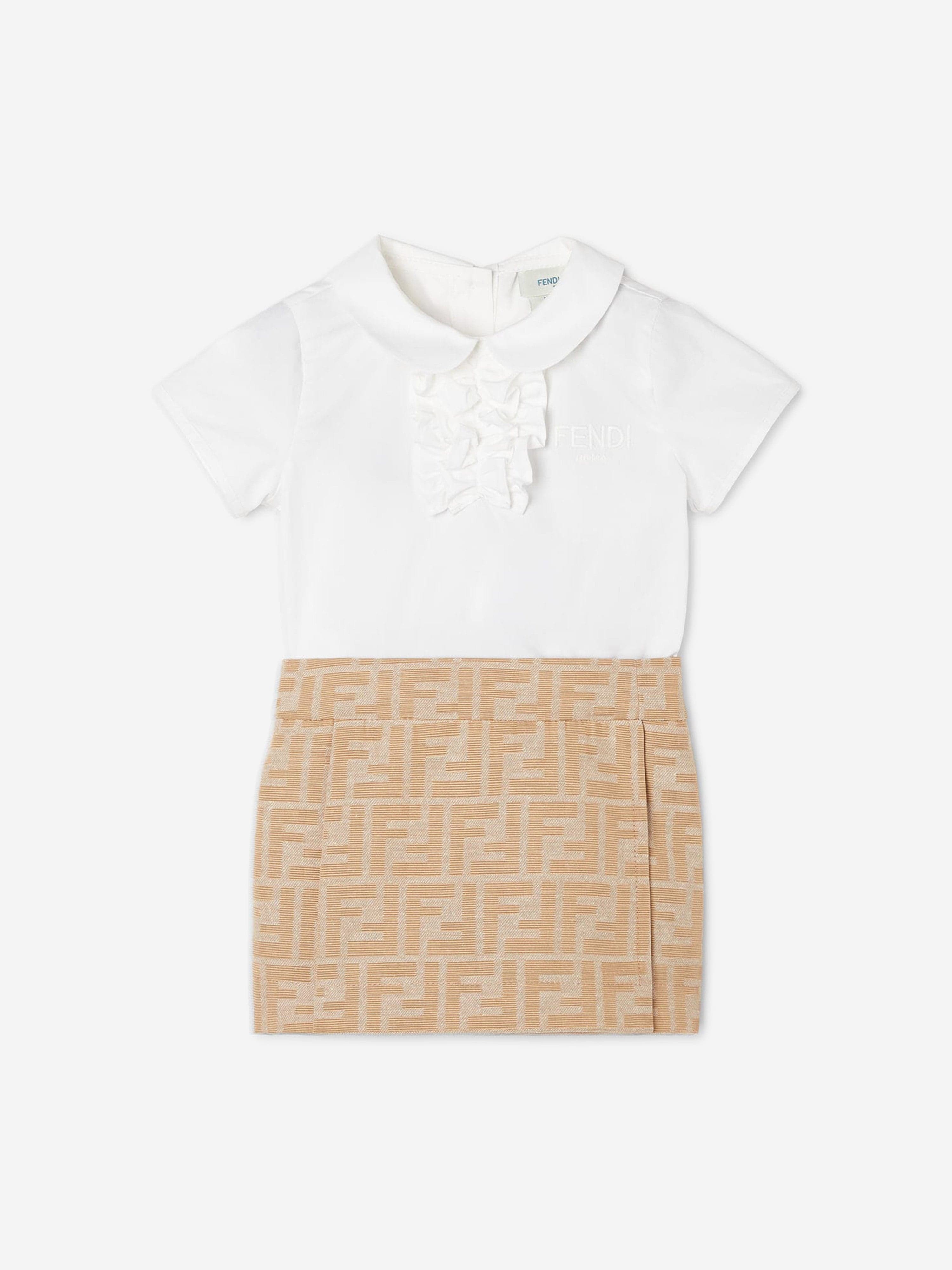 Fendi Baby Girls Poplin and Jacquard FF Logo Dress in Beige