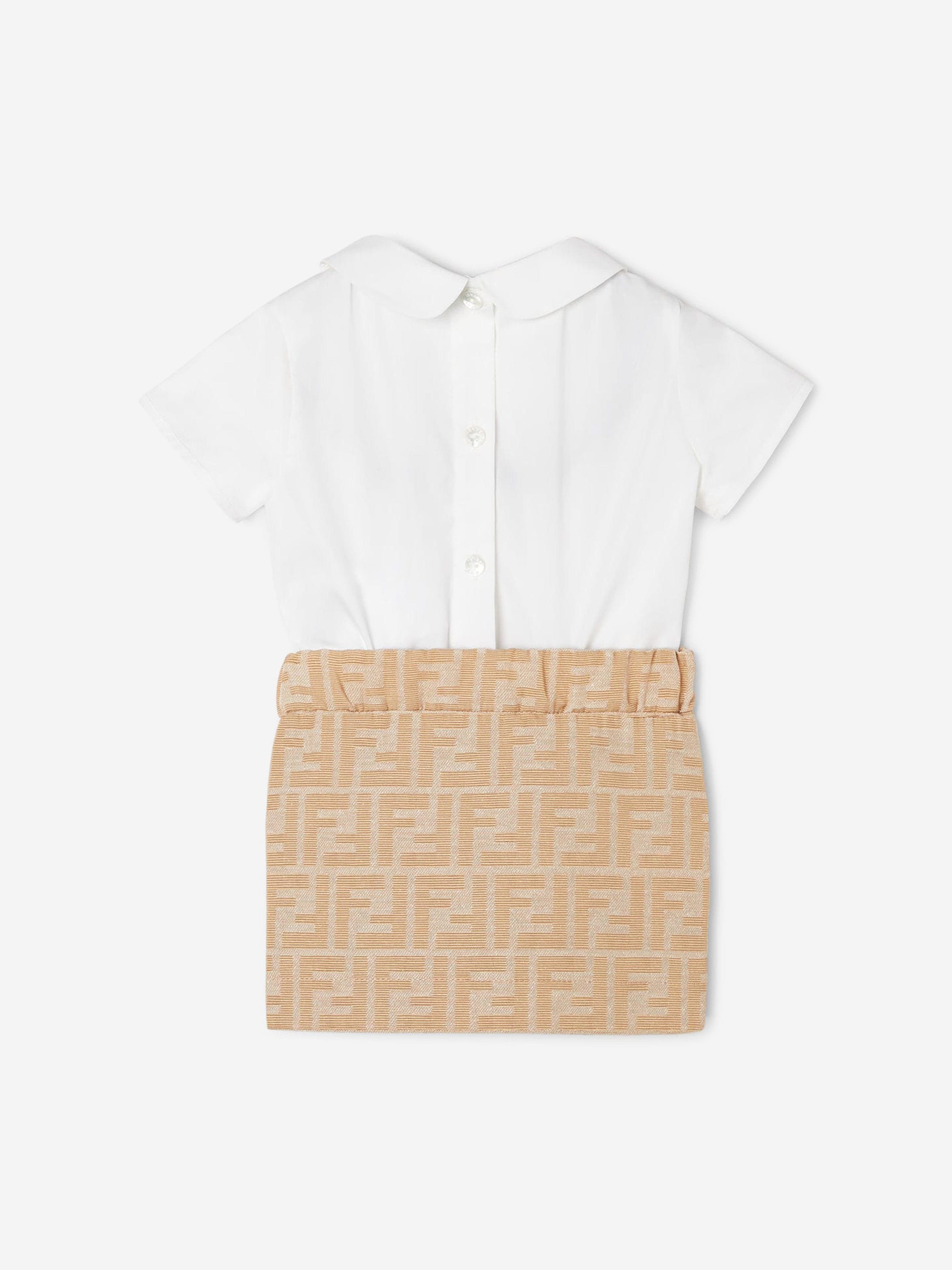 Fendi Baby Girls Poplin and Jacquard FF Logo Dress in Beige