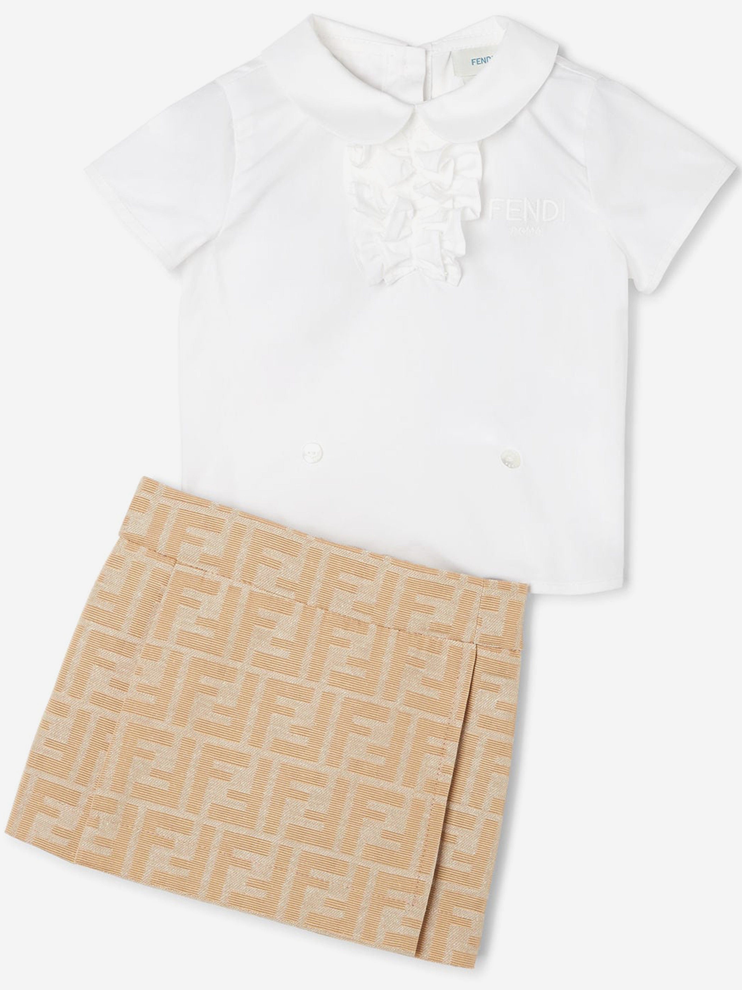 Fendi Baby Girls Poplin and Jacquard FF Logo Dress in Beige
