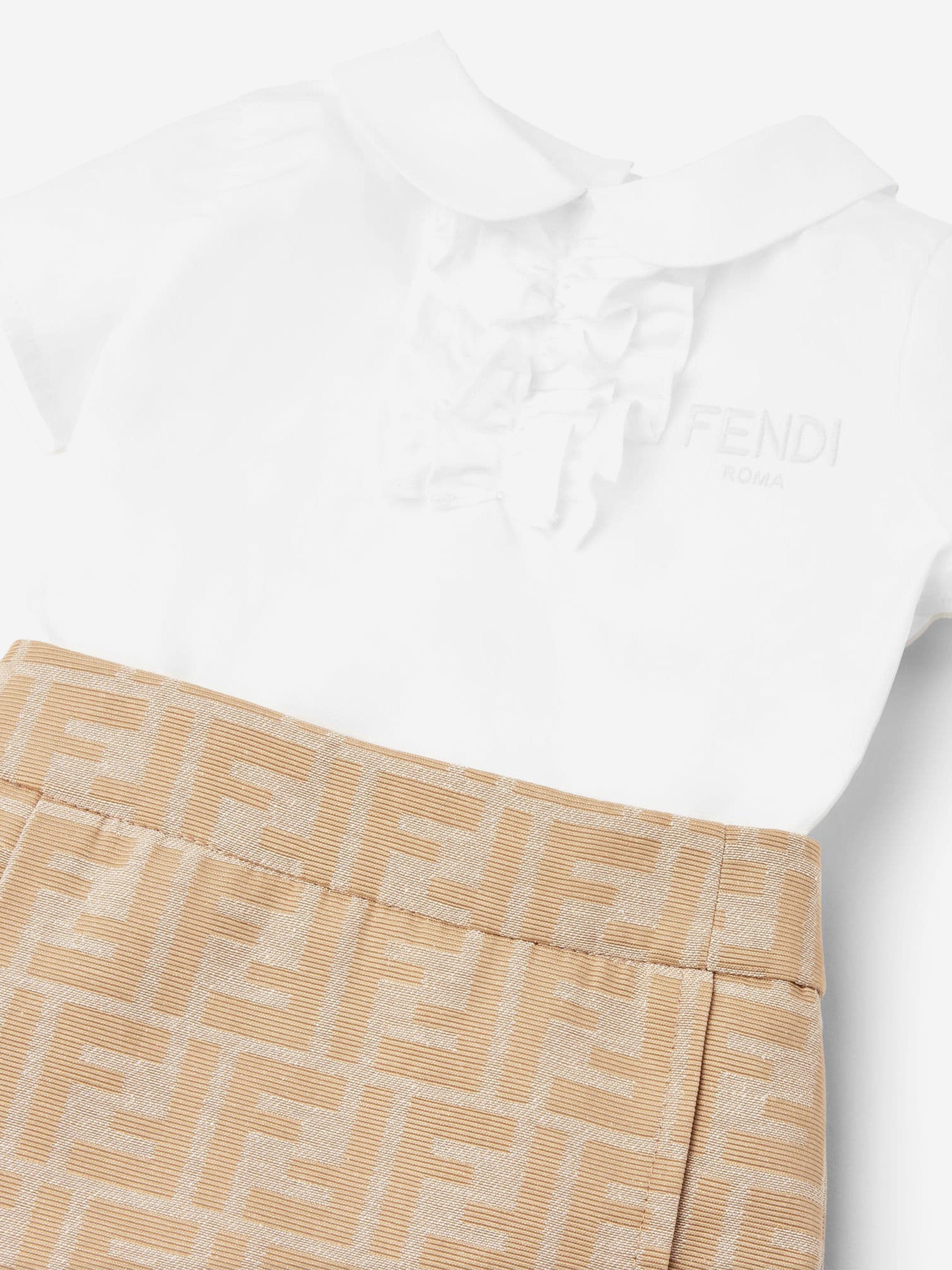 Fendi Baby Girls Poplin and Jacquard FF Logo Dress in Beige