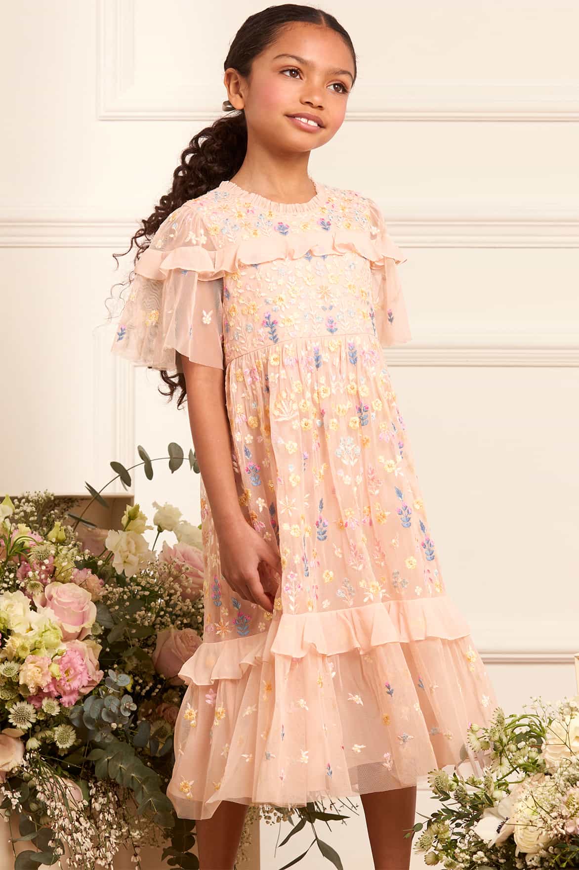 Needle & Thread Girls Tulle Flowerbed Embroidery Dress in Pink