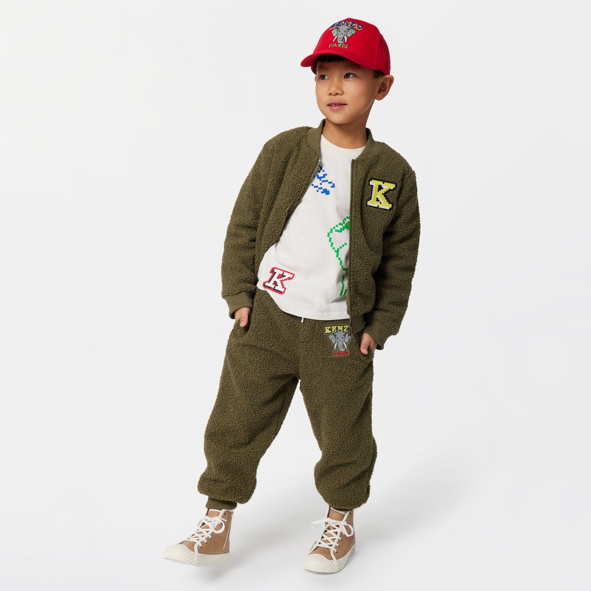 KENZO Boys Faux Shearling Joggers in Khaki