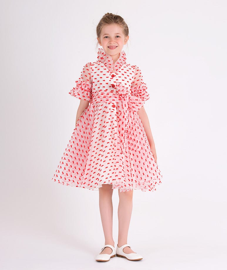 Mama Luma Girls Flared Dot Dress in Red