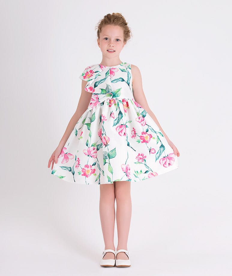 Mama Luma Girls Ruffle Floral Print Dress in White