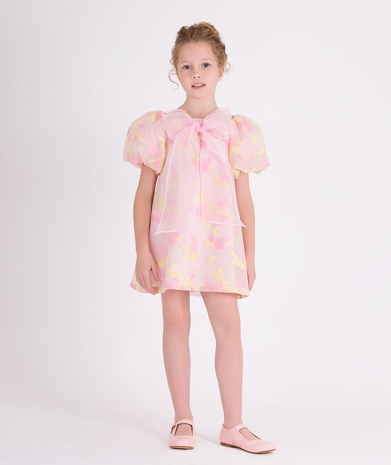 Mama Luma Girls Balloon Sleeve Jacquard Organza Dress in Pink