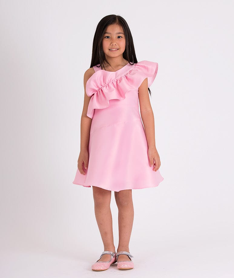 Mama Luma Girls One Shoulder Ruffle Dress in Pink