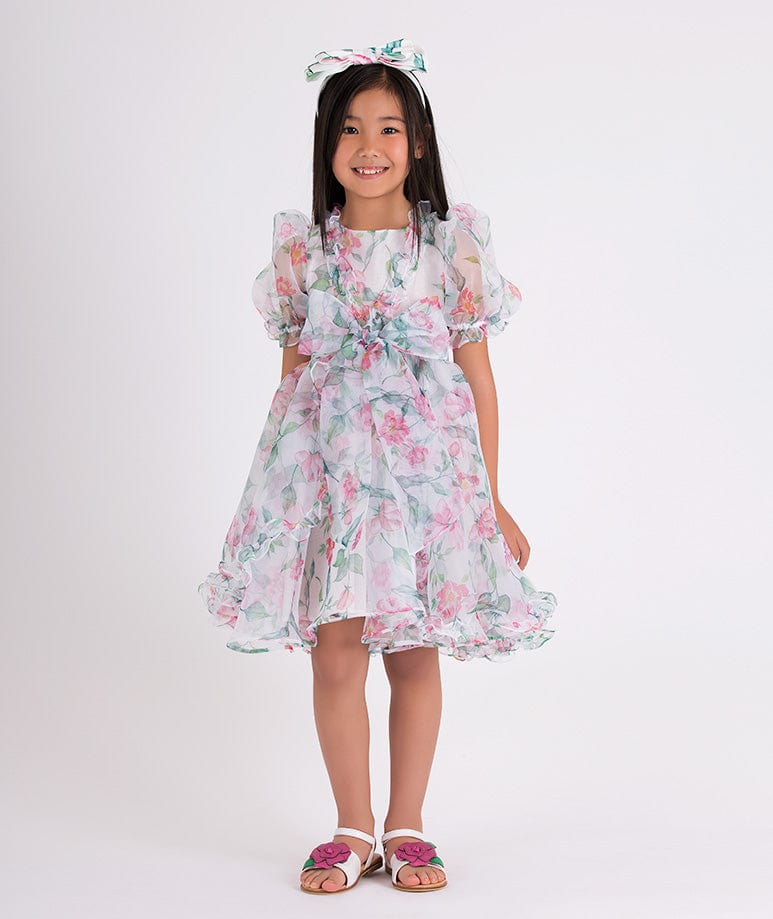 Mama Luma Girls Organza Ruffle Rose Dress in White