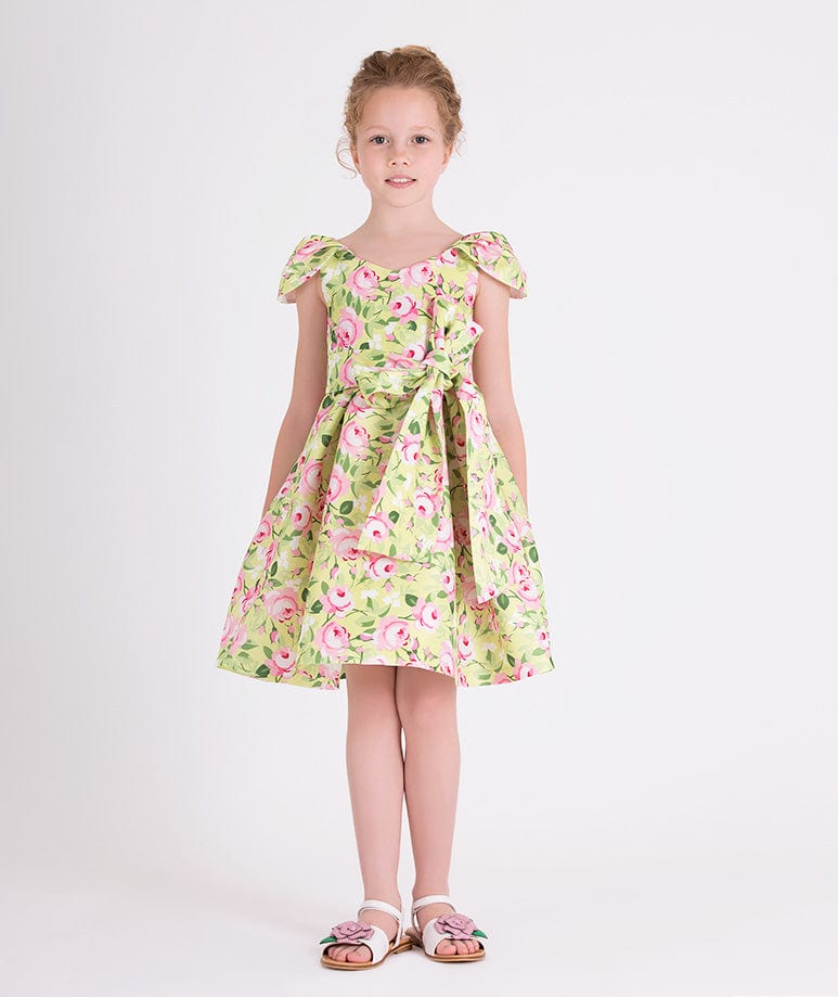 Mama Luma Girls Flower Print Dress With Belt in Yellow