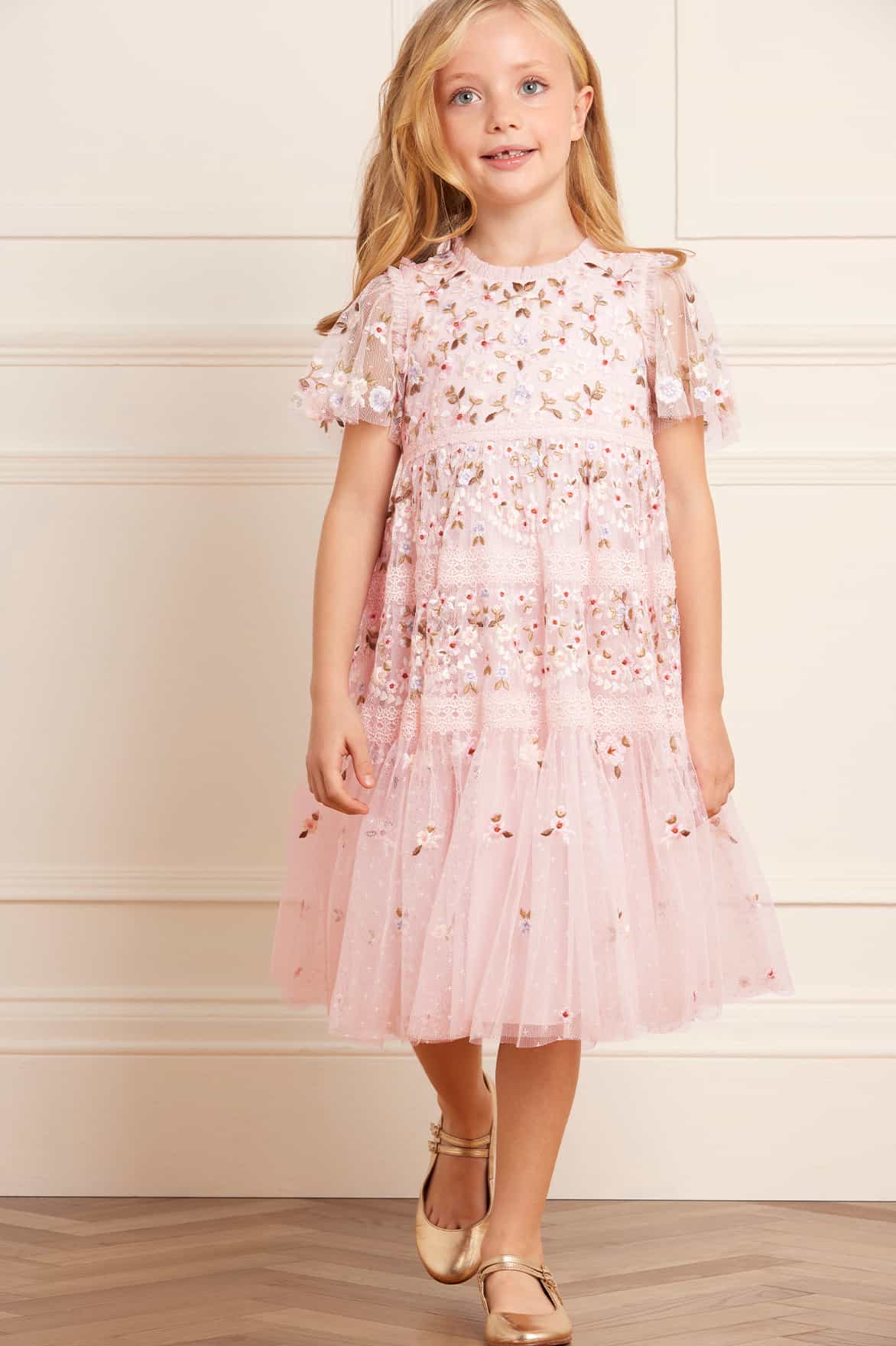 Needle & Thread Girls Garland Ribbon Dress in Pink