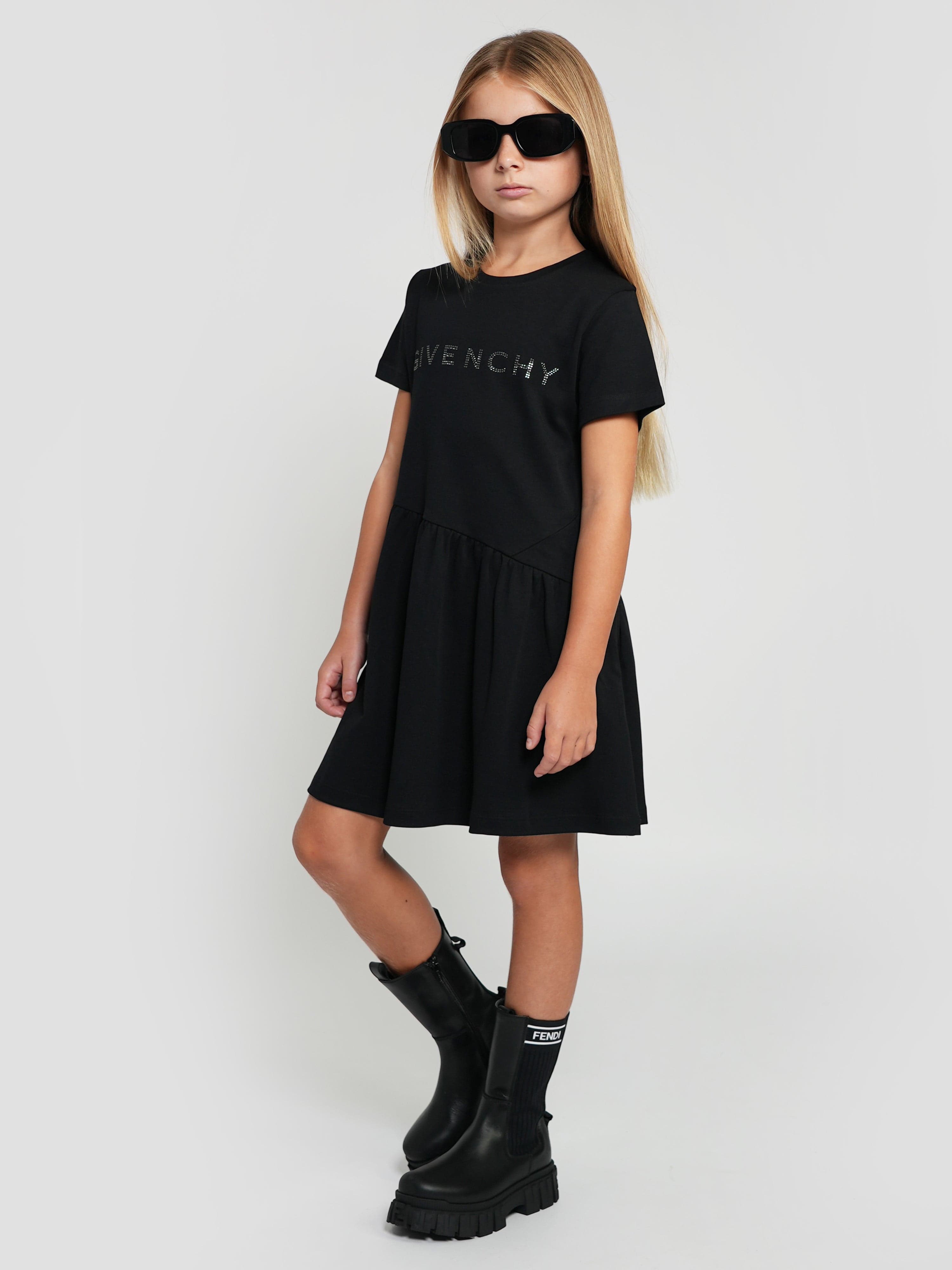 Givenchy Girls Diamante Logo Jersey Dress in Black