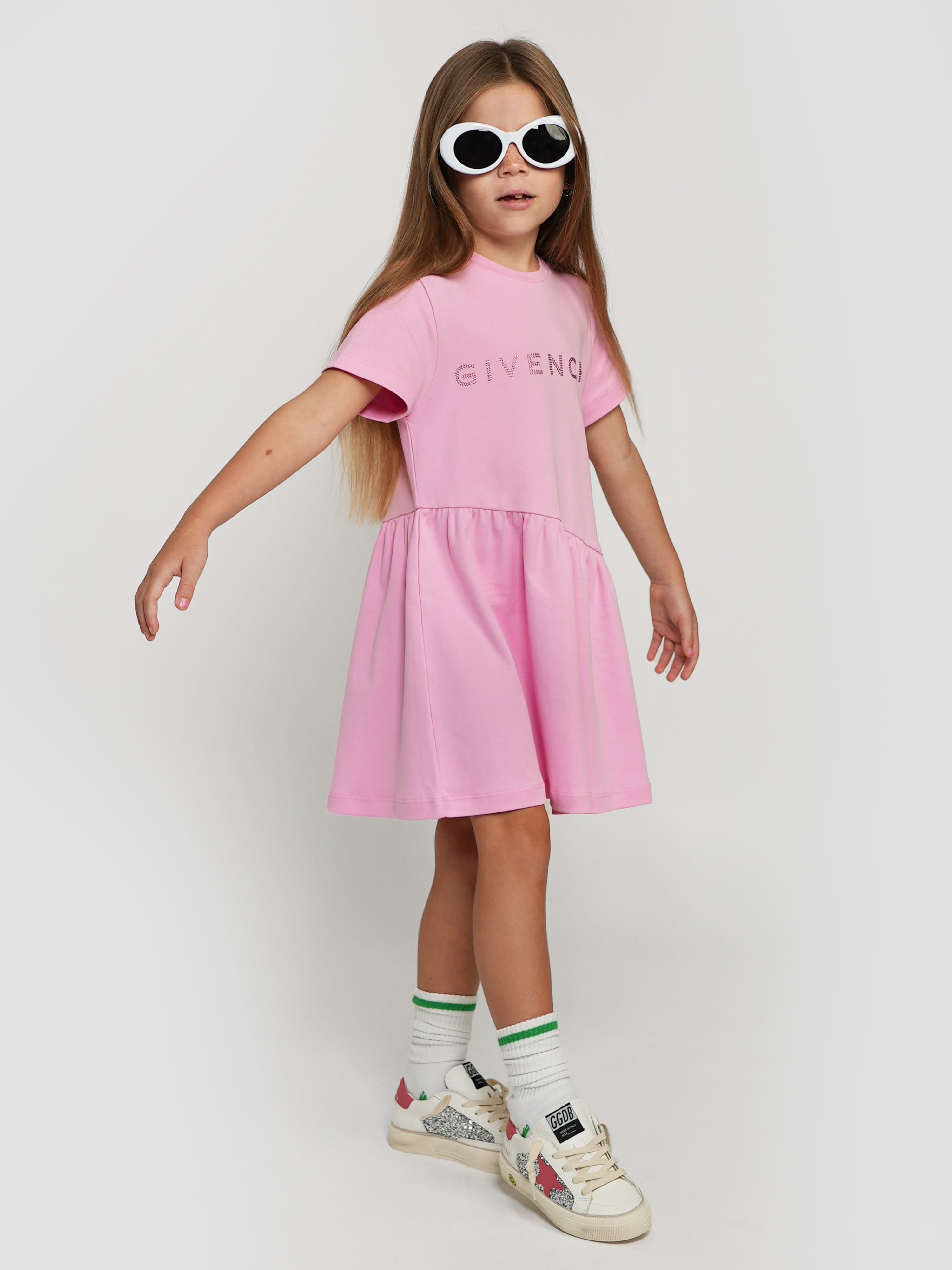 Givenchy Girls Diamante Logo Jersey Dress in Pink