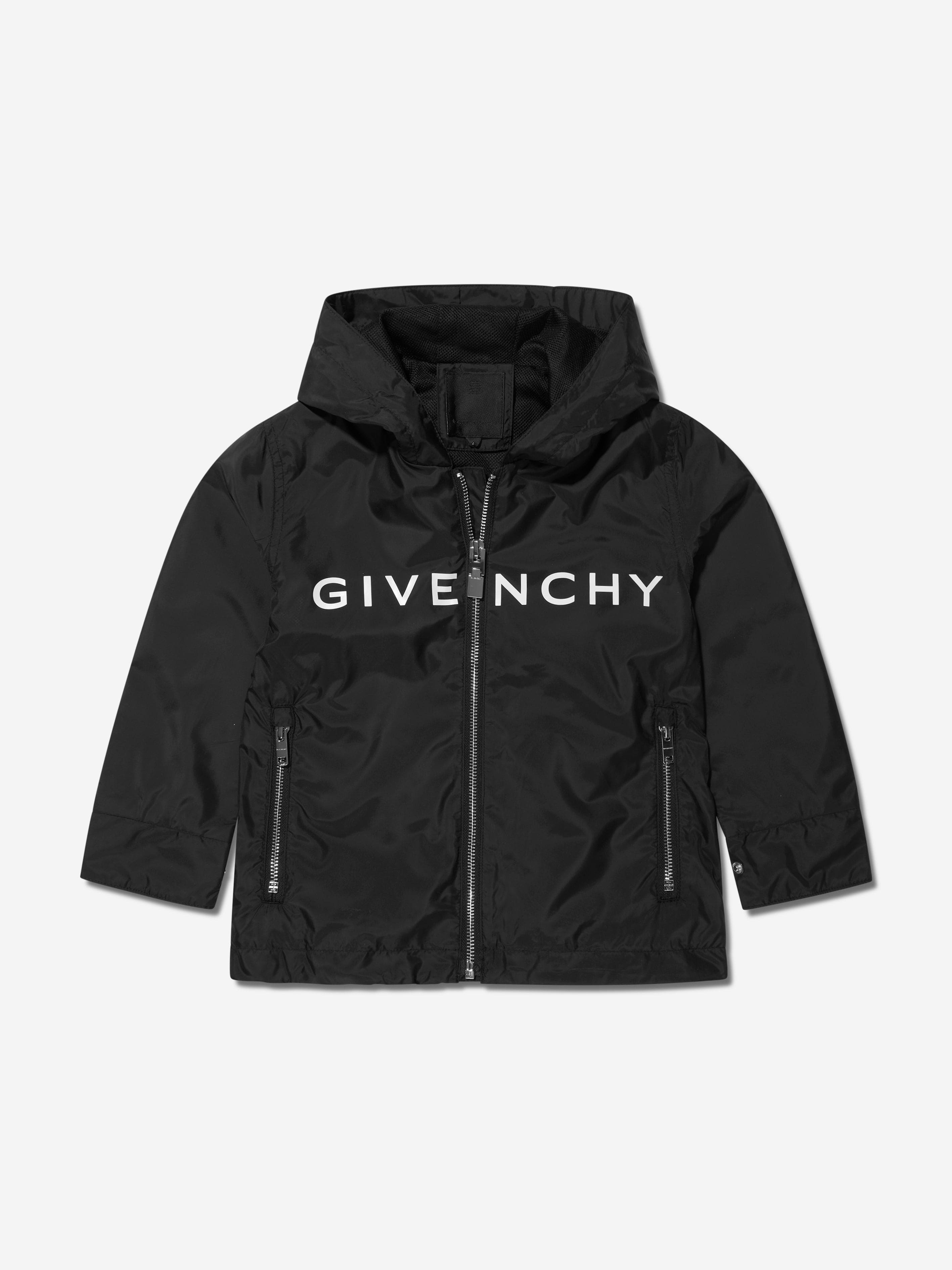 Givenchy Boys Logo Print Hooded Windbreaker in Black