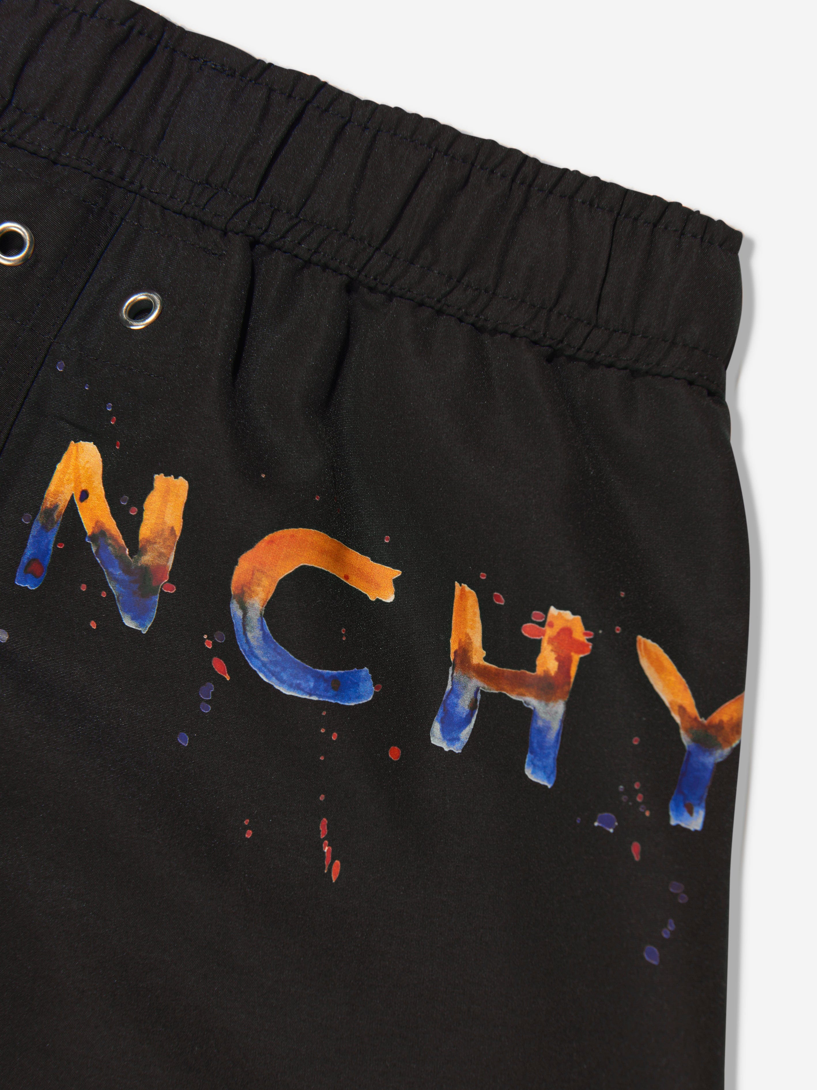 Givenchy Boys Paint Effect Logo Swim Shorts in Black