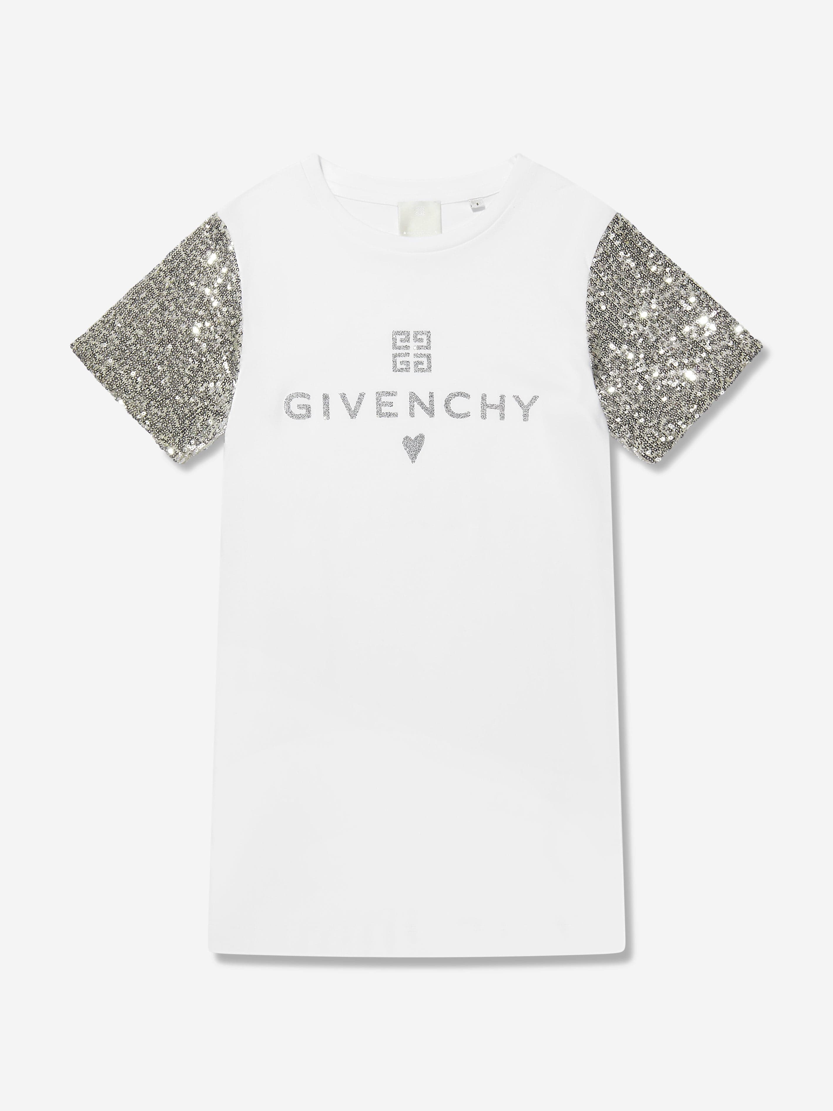 Givenchy Girls Sequin Sleeve Logo Dress in White