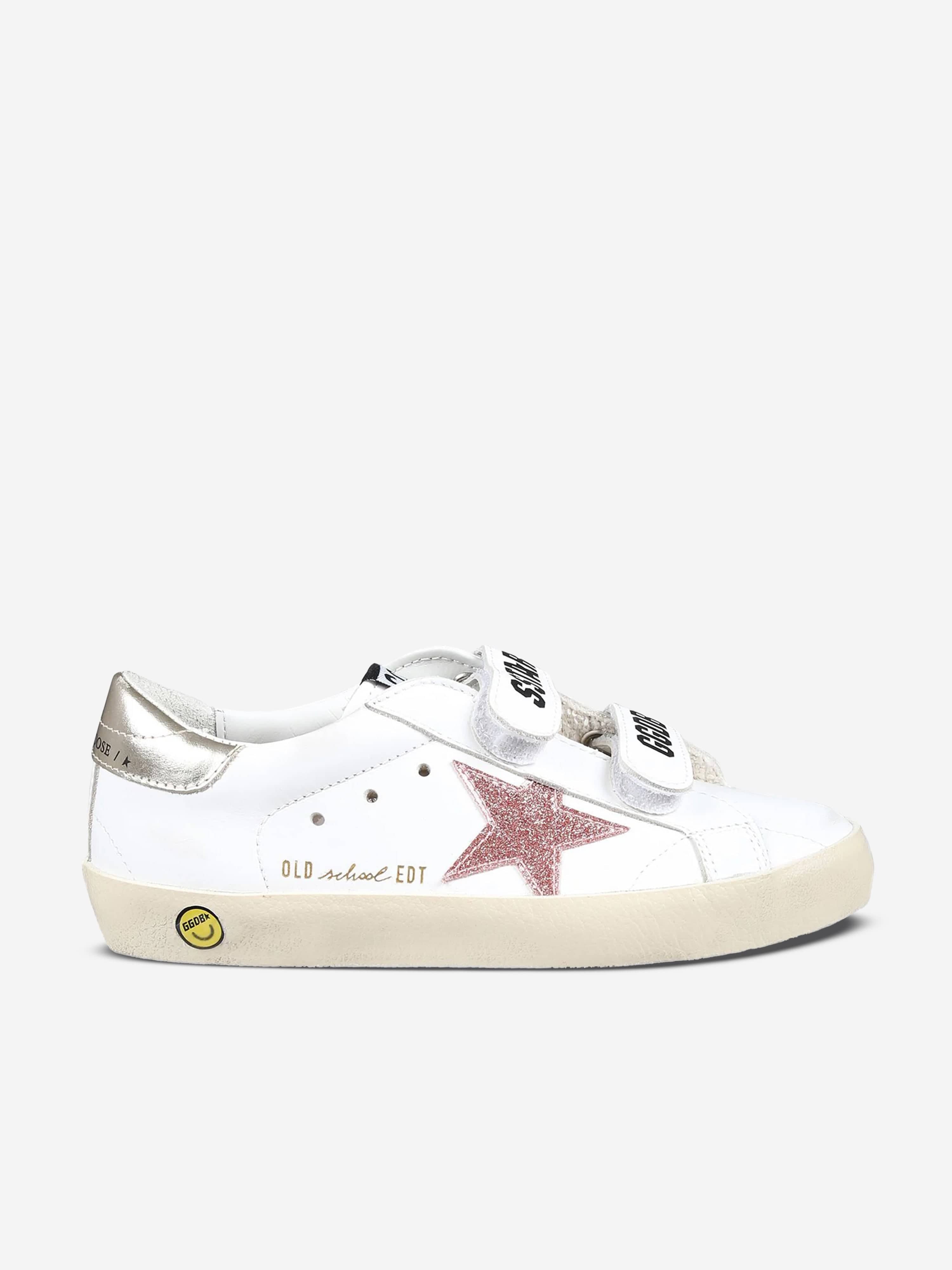 Girls Leather and Glitter Star Old School Trainers in White