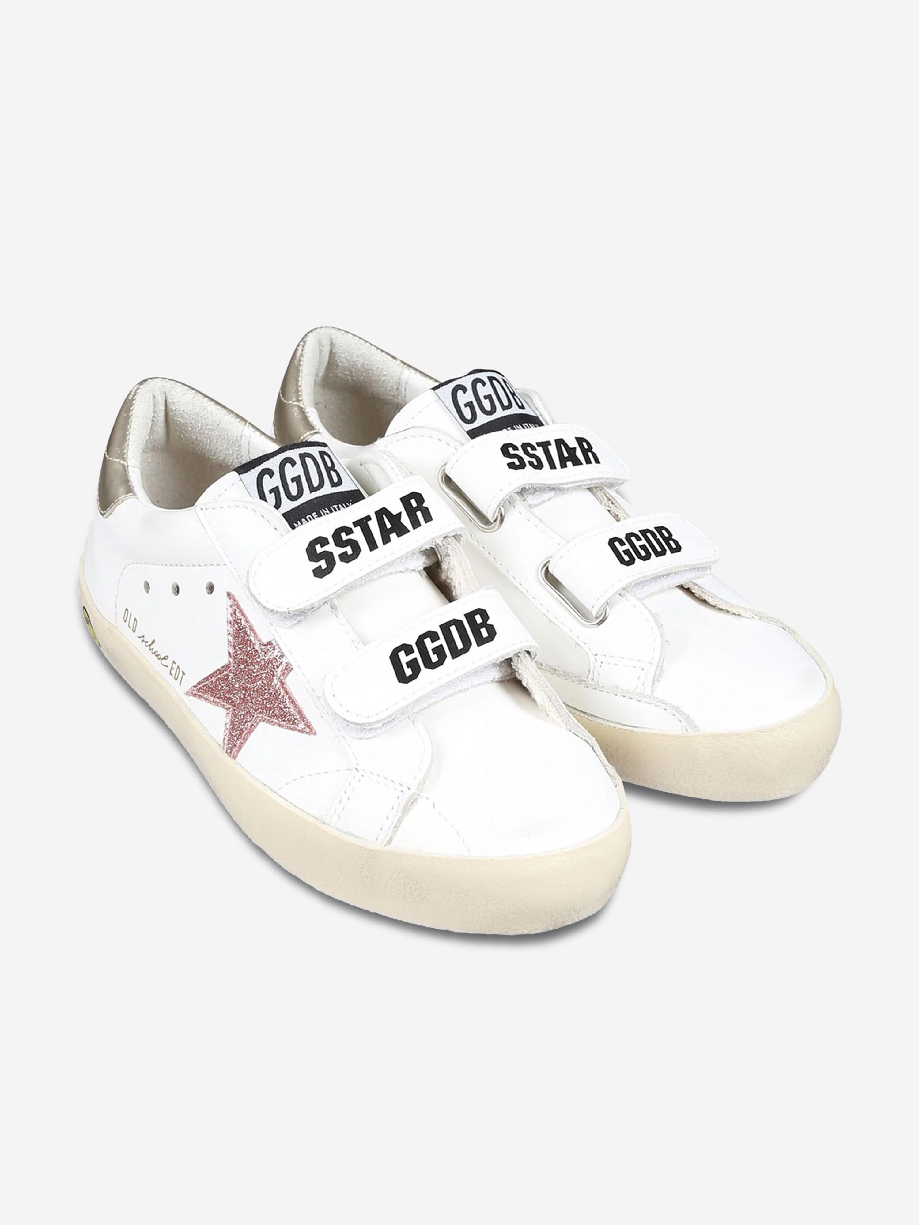 Girls Leather and Glitter Star Old School Trainers in White