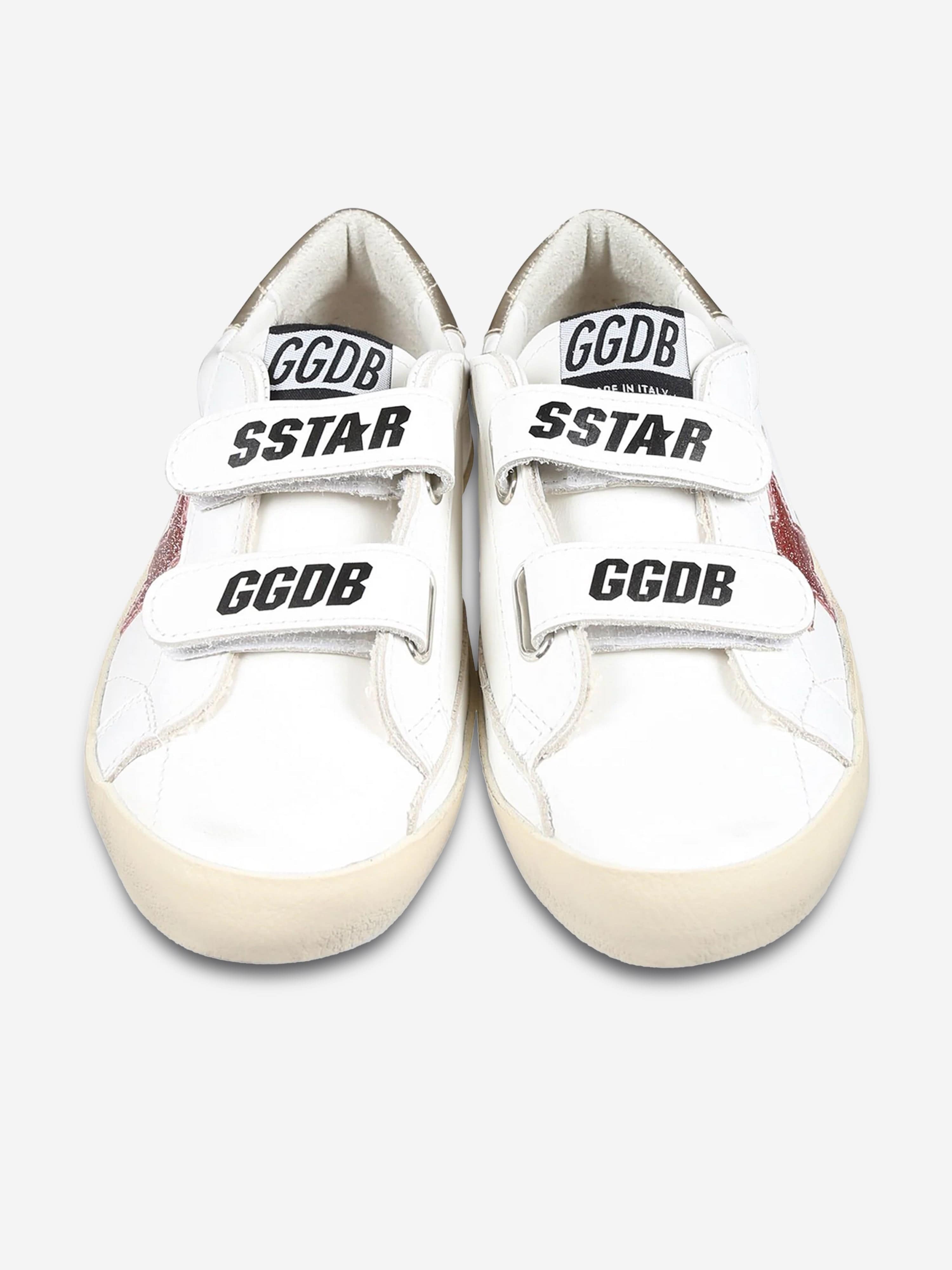 Girls Leather and Glitter Star Old School Trainers in White