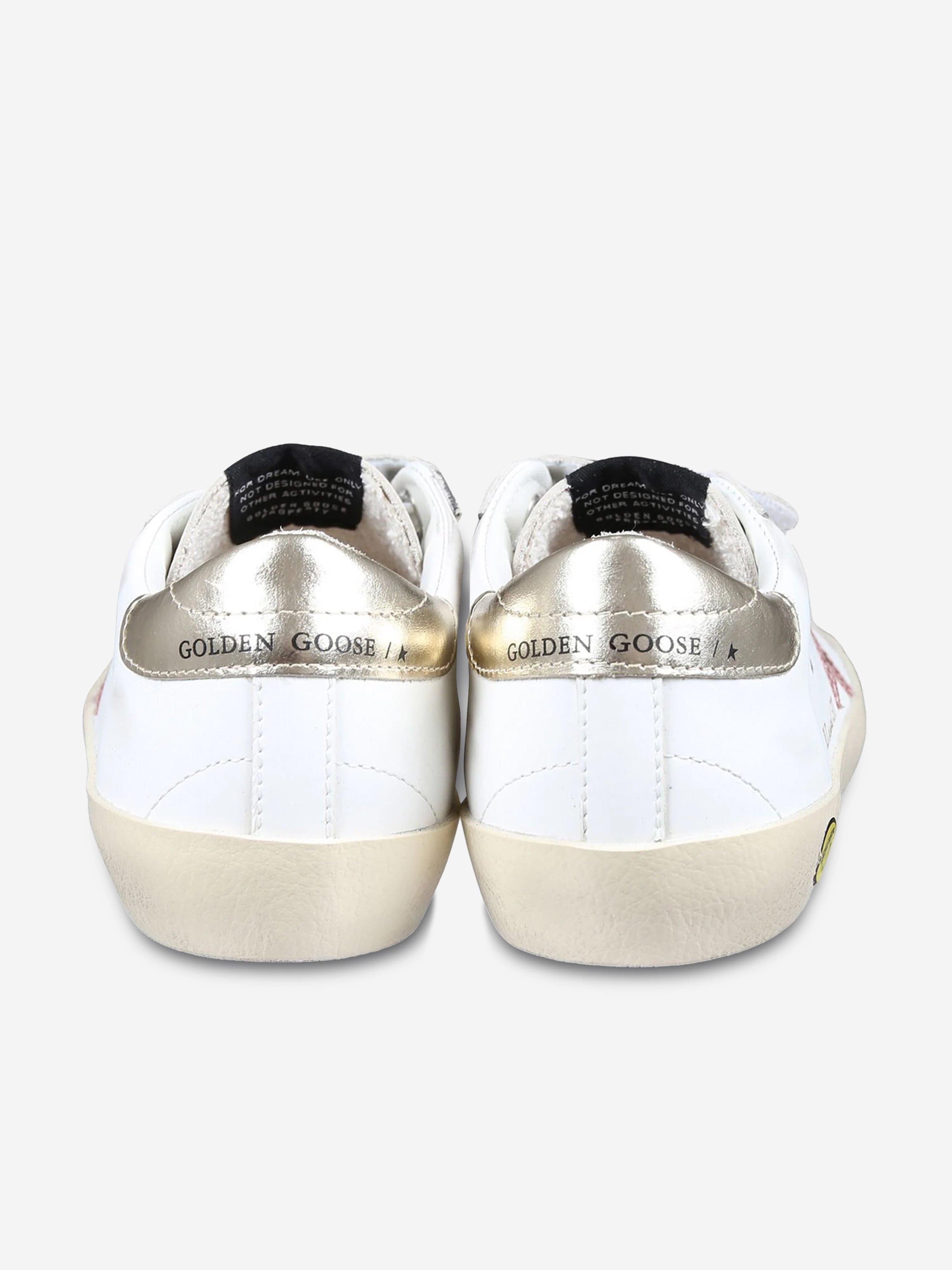 Girls Leather and Glitter Star Old School Trainers in White