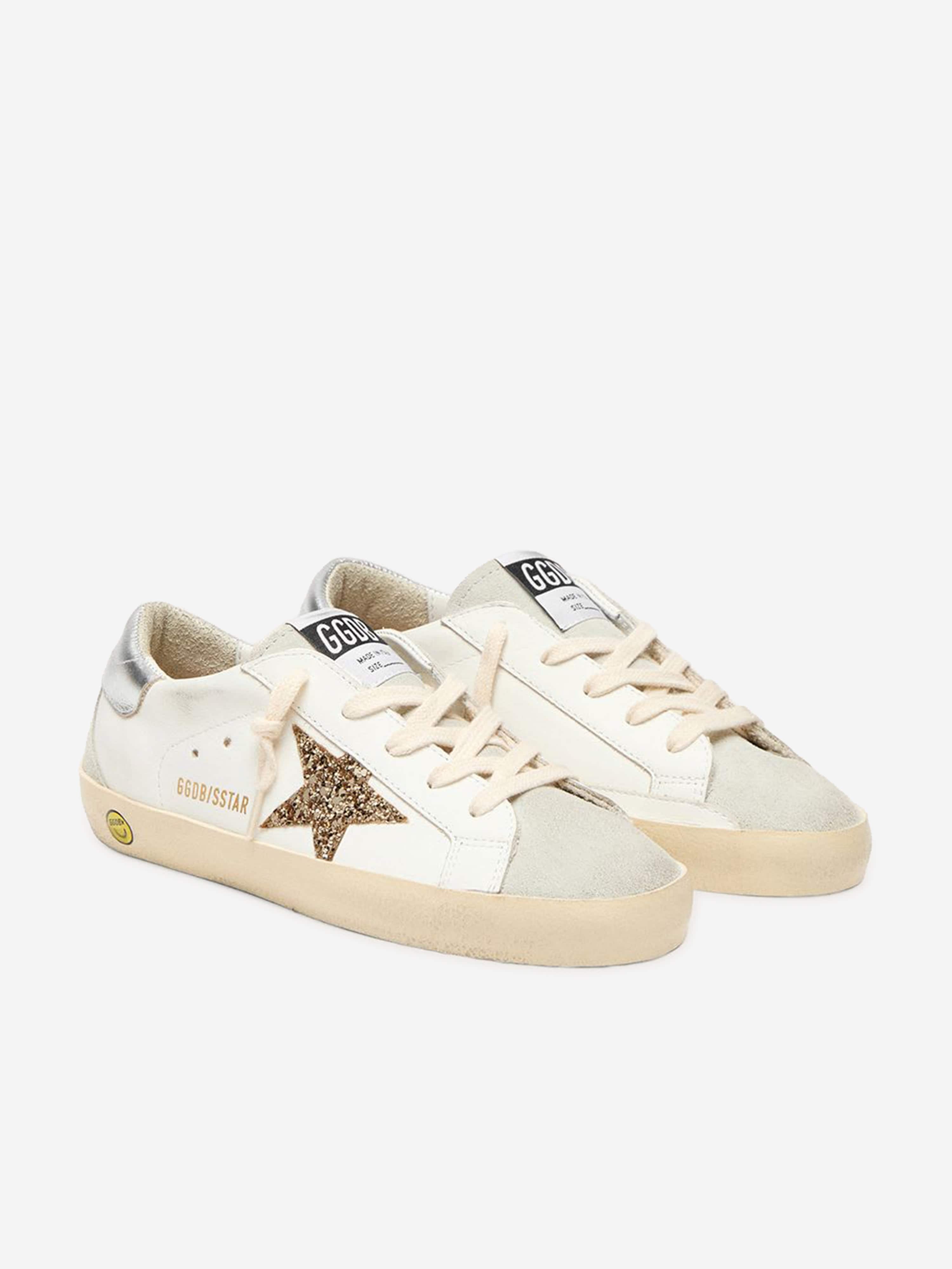 Golden Goose Girls Leather and Glitter Star Super-Star Trainers in White