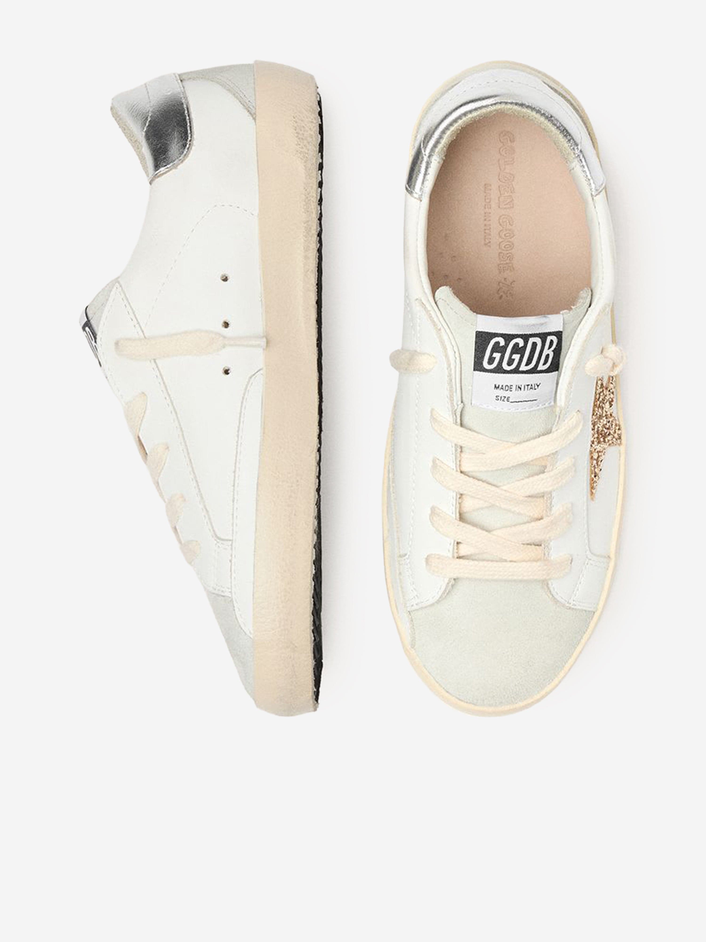 Golden Goose Girls Leather and Glitter Star Super-Star Trainers in White