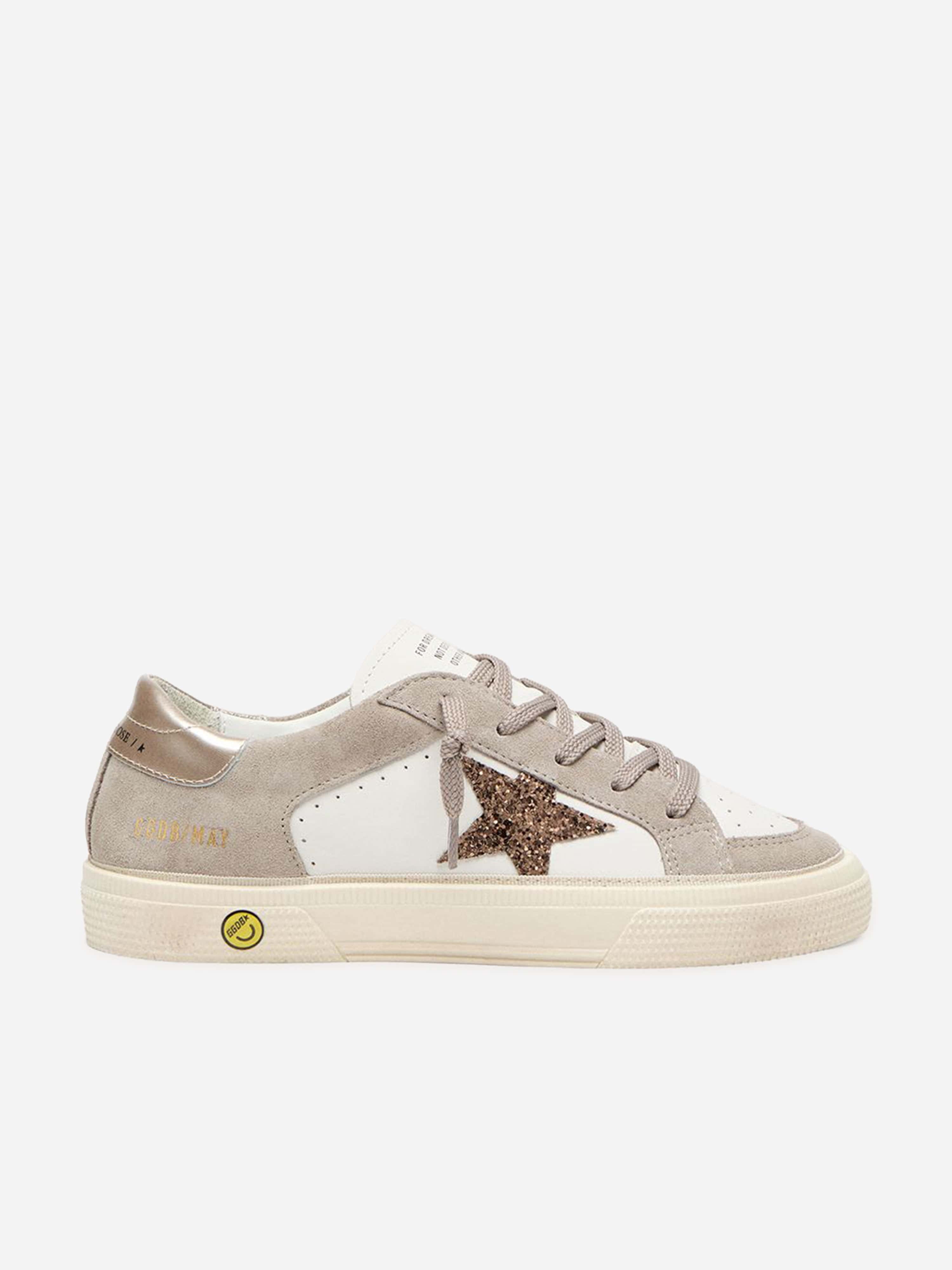 Golden Goose Girls Leather and Glitter Star May Trainers in Beige
