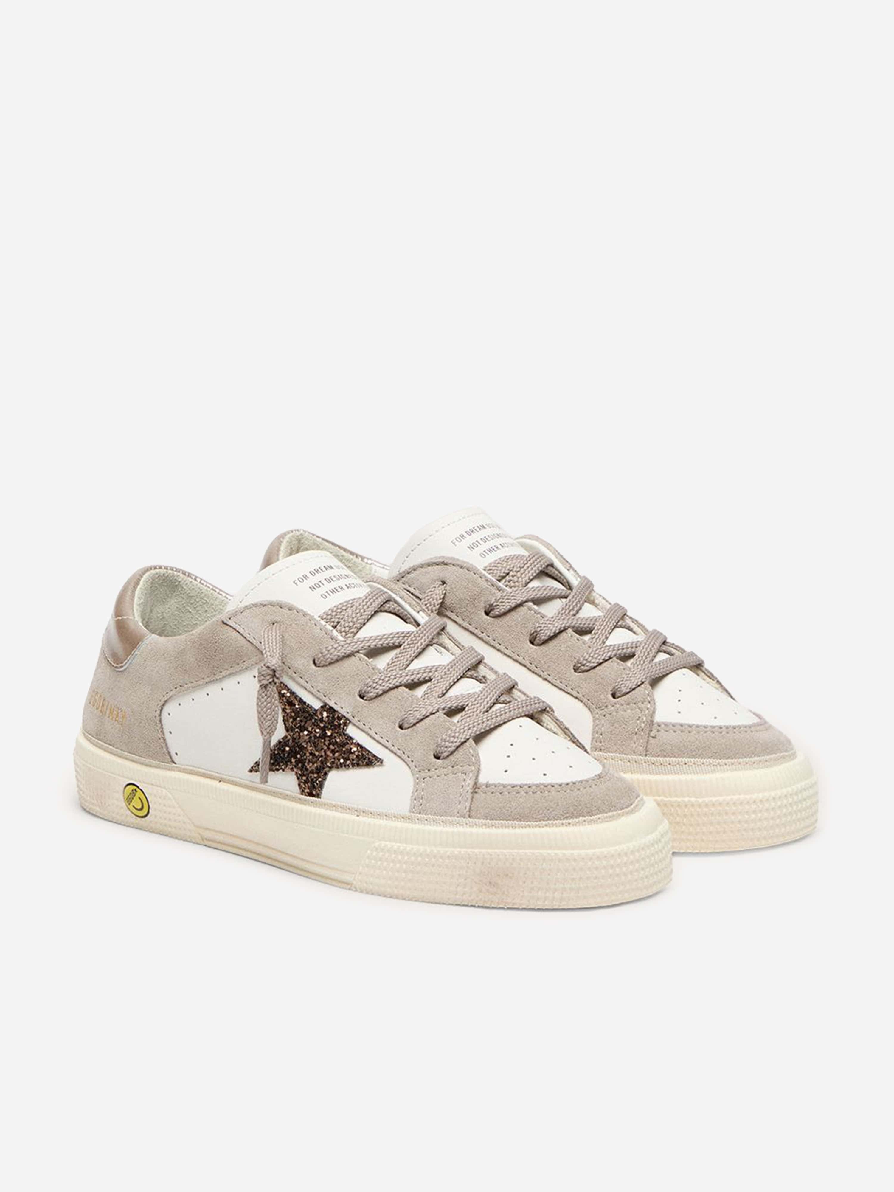 Golden Goose Girls Leather and Glitter Star May Trainers in Beige