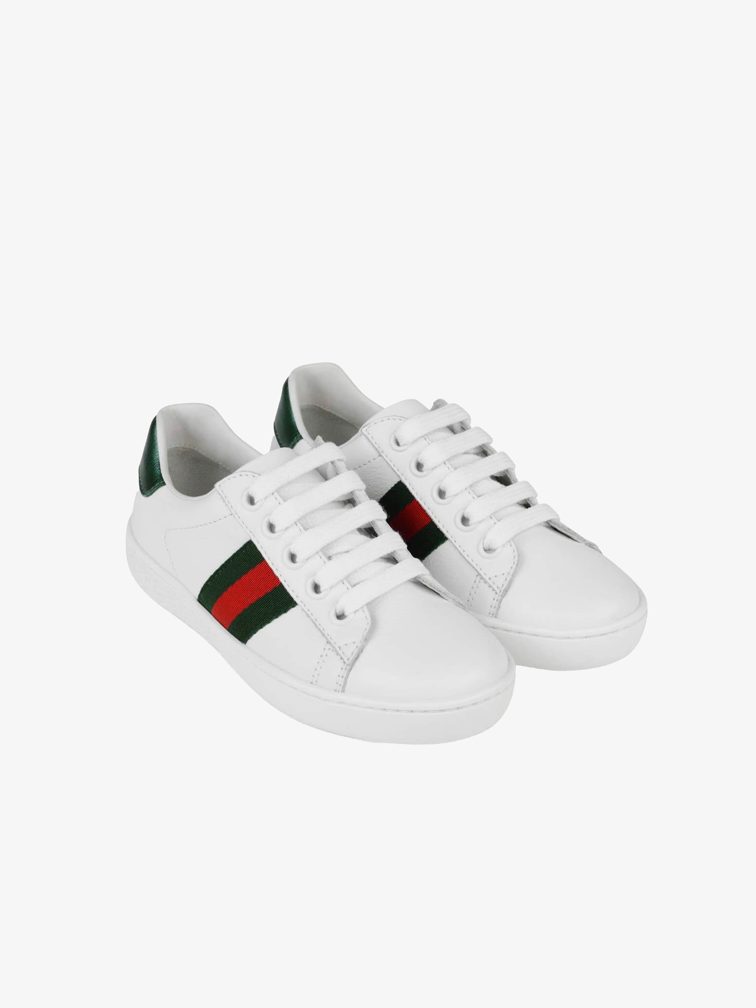 Gucci Kids Leather Low Top Trainers With Web in White