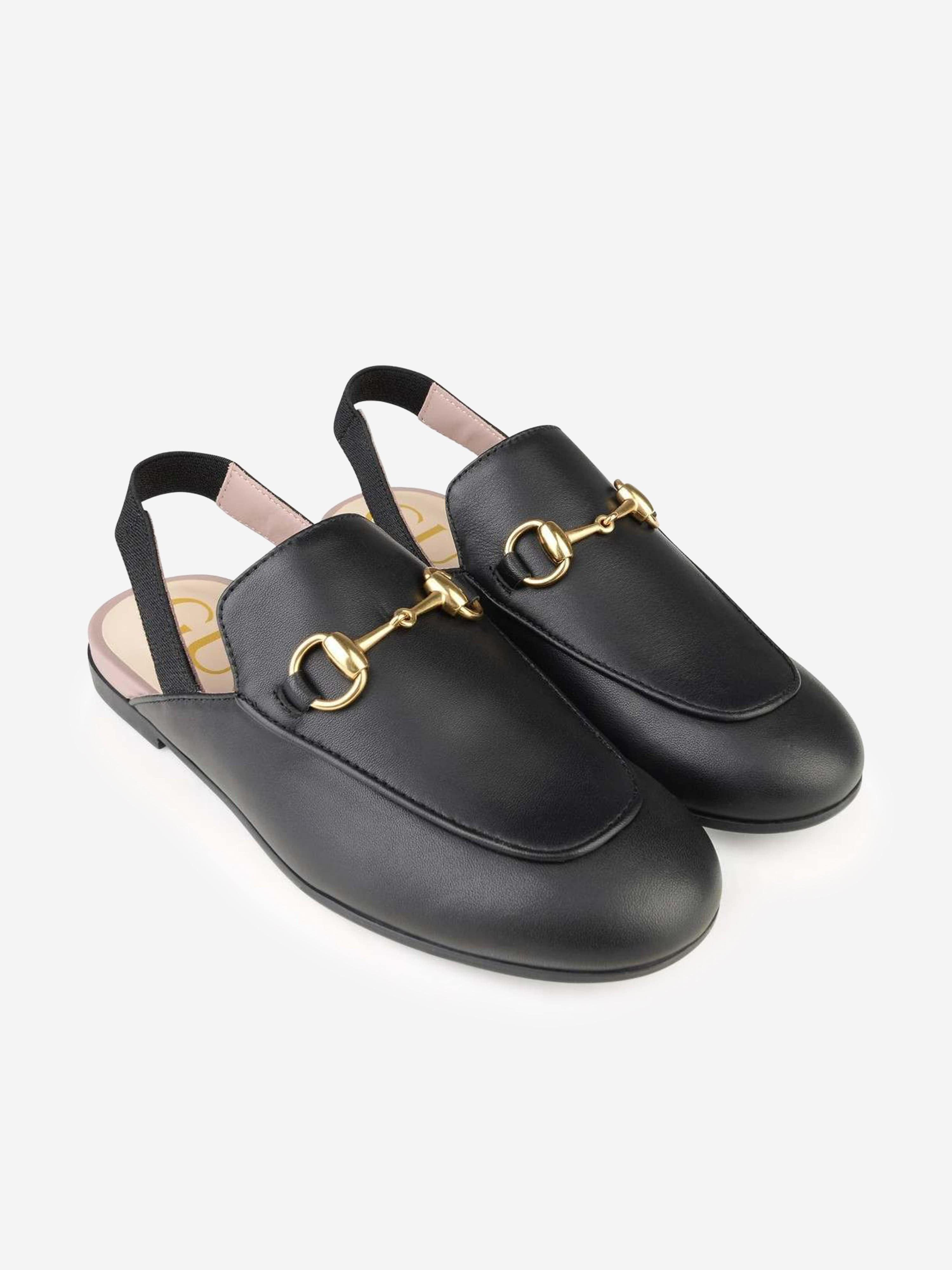 Gucci Kids Leather Princetown Loafer Slides in Black