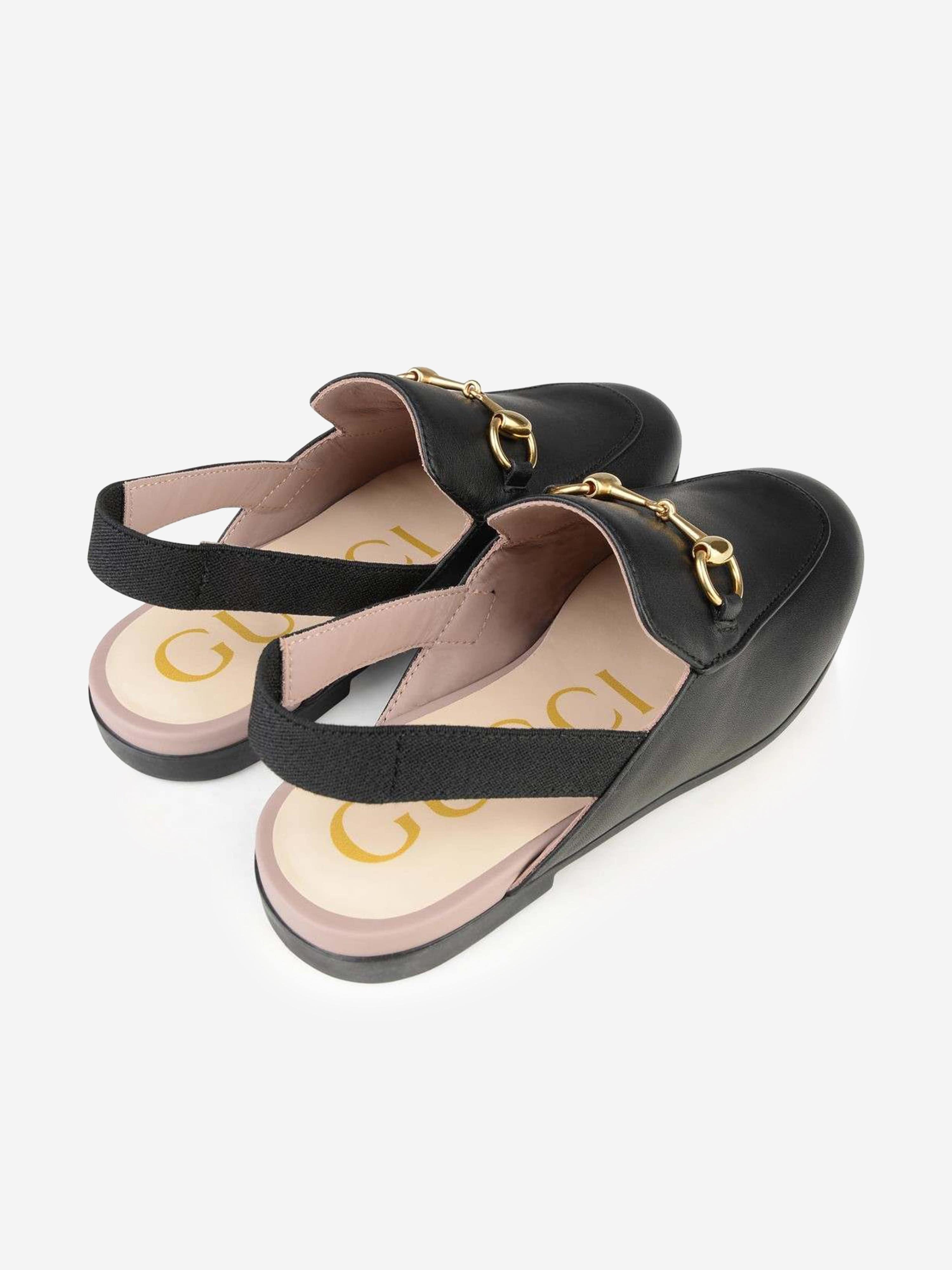 Gucci Kids Leather Princetown Loafer Slides in Black