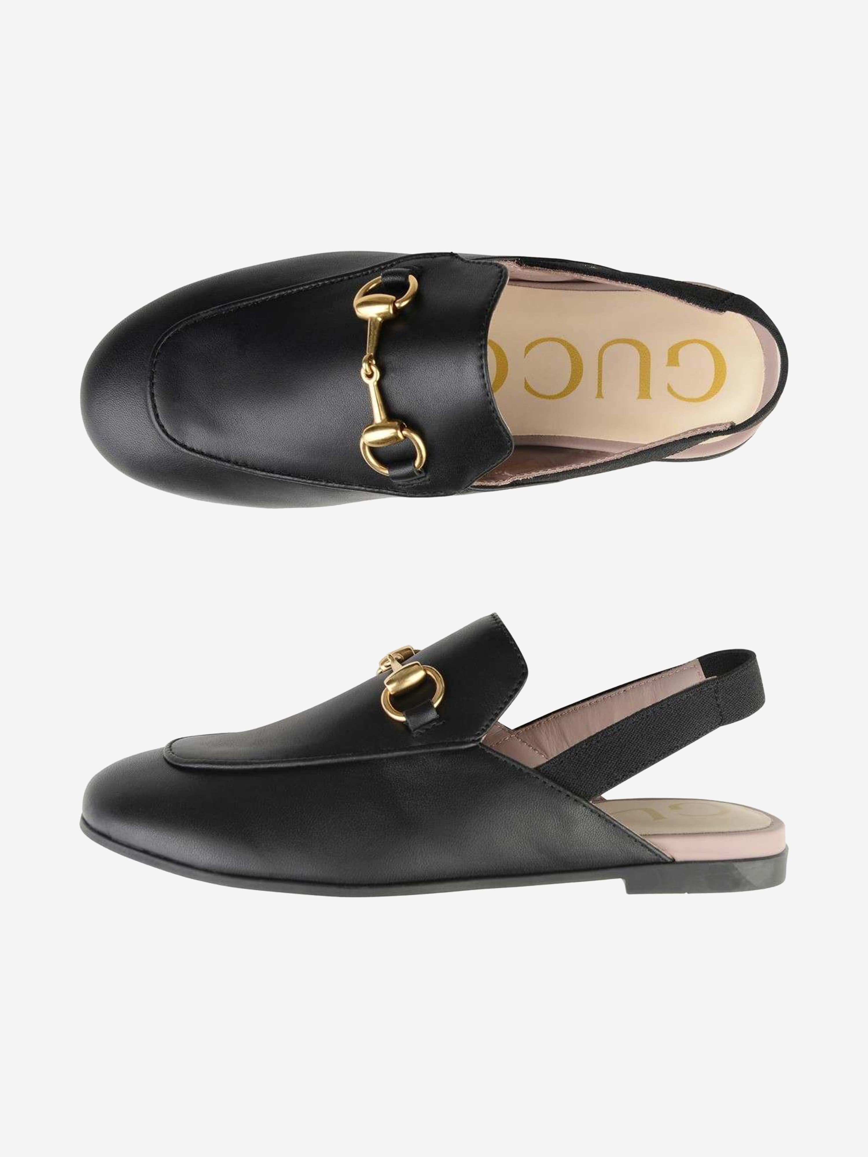 Gucci Kids Leather Princetown Loafer Slides in Black