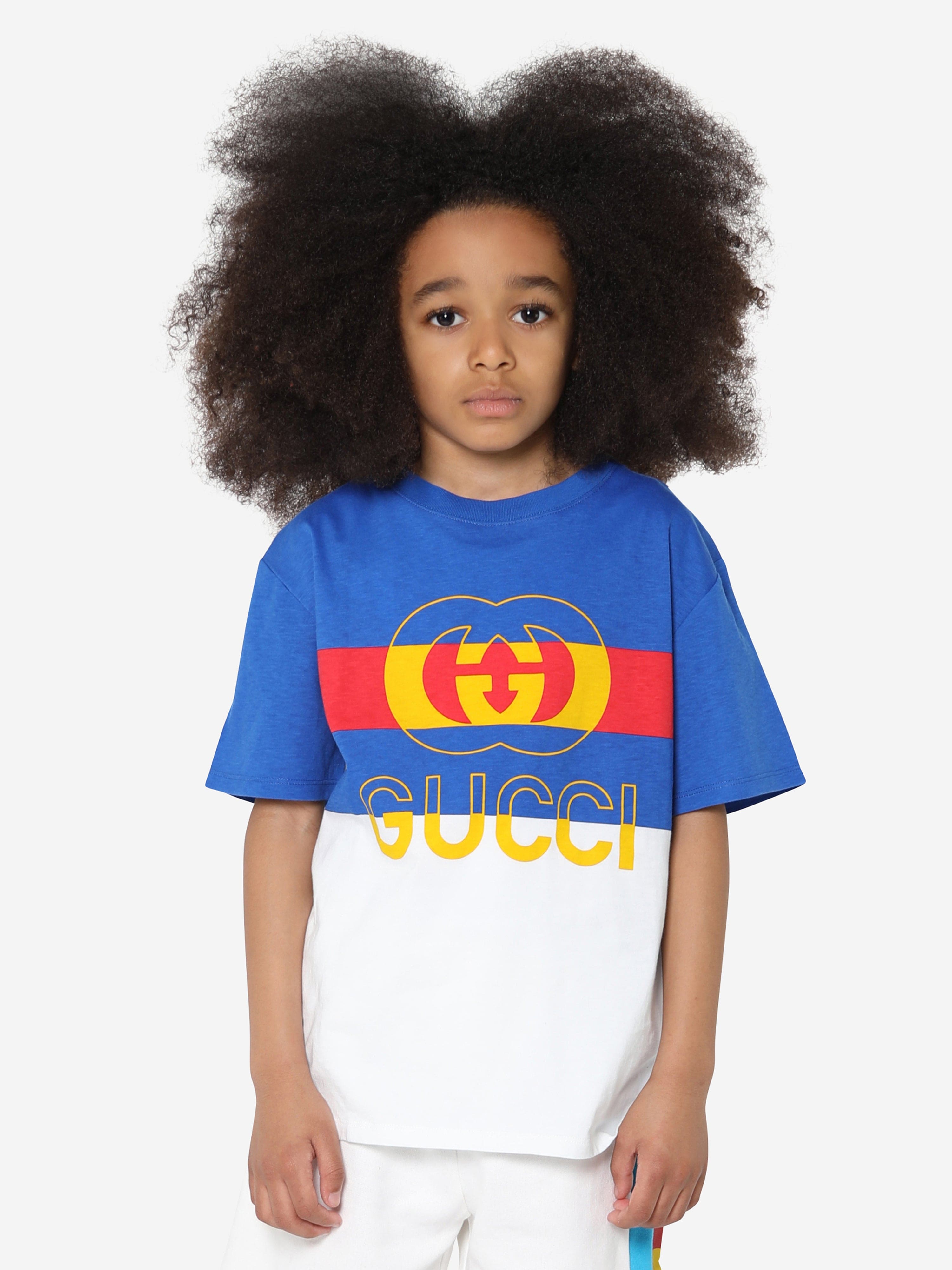 Gucci Boys Striped Logo T-Shirt in Blue