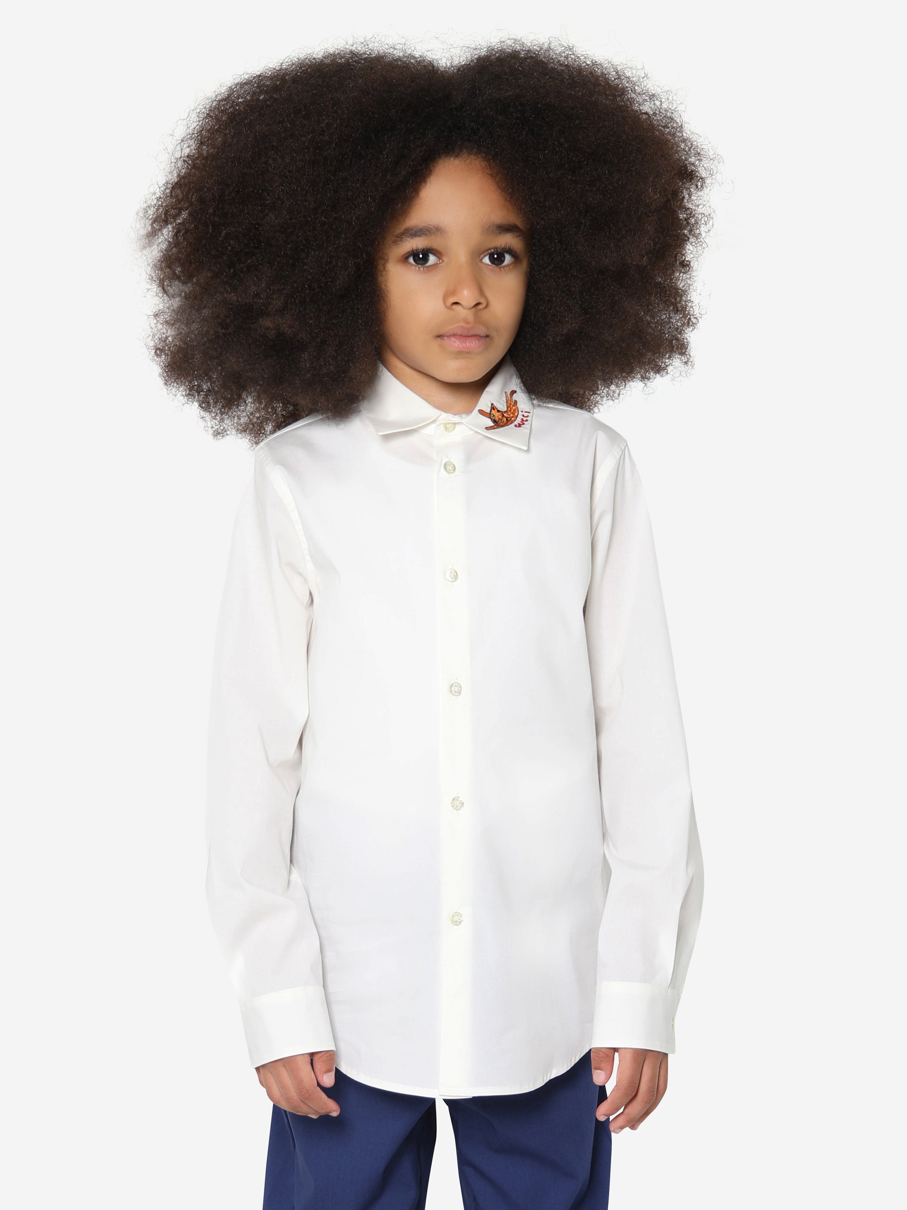 Gucci Boys Long Sleeve Embroidered Shirt in Ivory